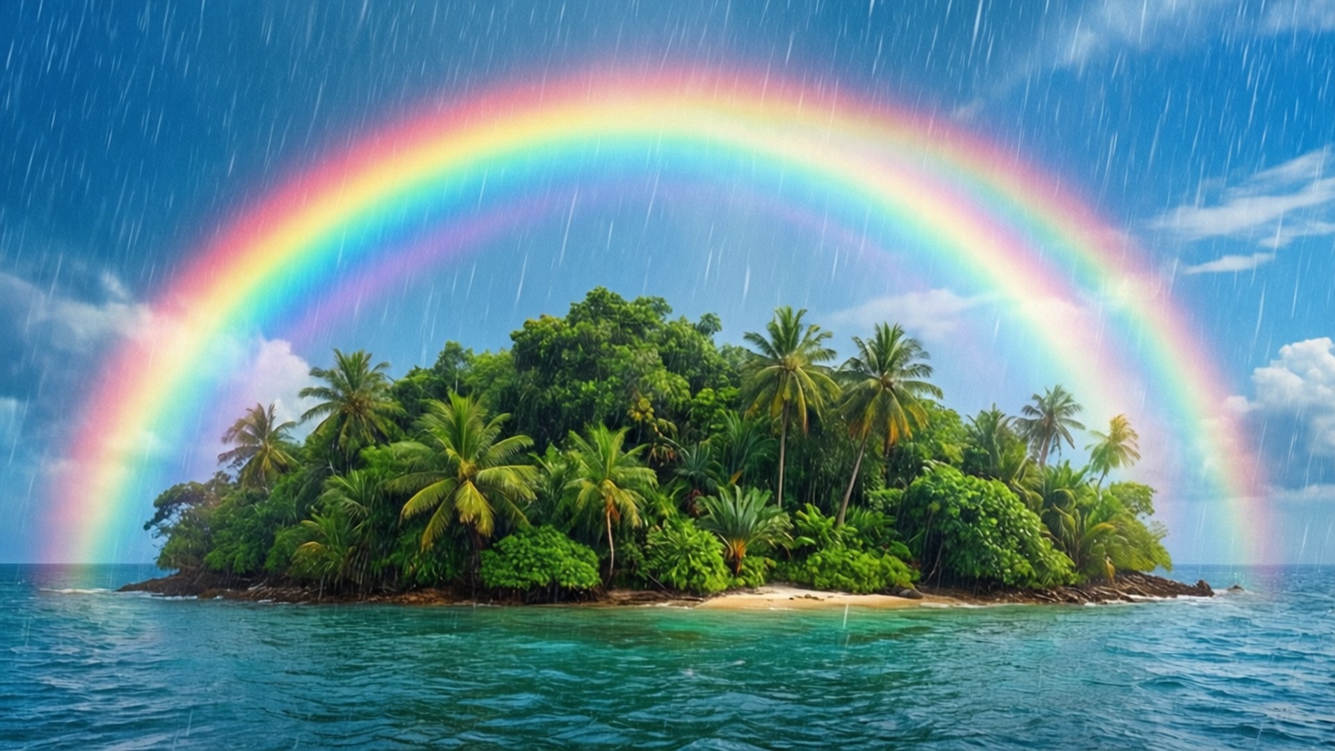 Rainbow Island 壁紙 — 一道鮮豔的彩虹橫跨在一個鬱鬱蔥蔥的熱帶島嶼上，島上有棕櫚樹和碧綠的海水，天空正下著雨。