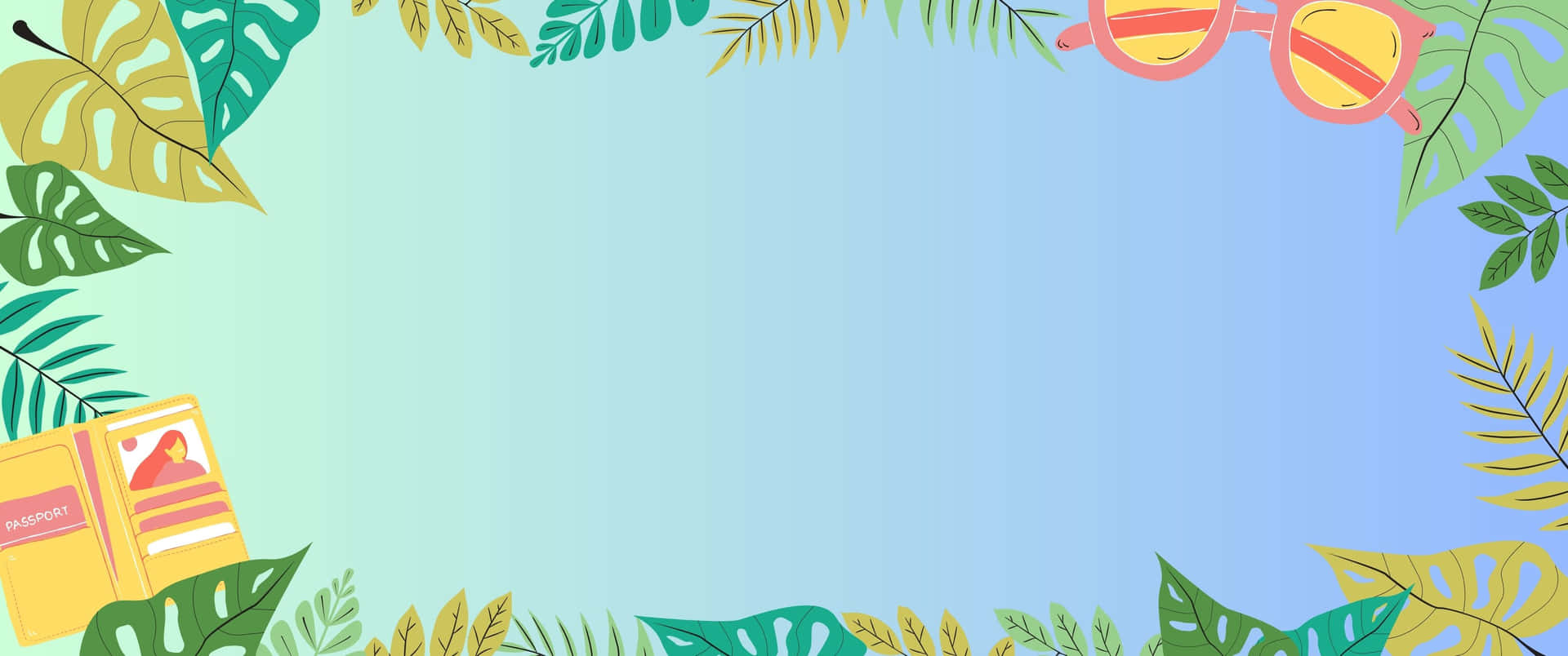 熱帶樹葉和太陽眼鏡框住漸變天空，護照暗示夏日旅行。 — 3440X1440 壁紙