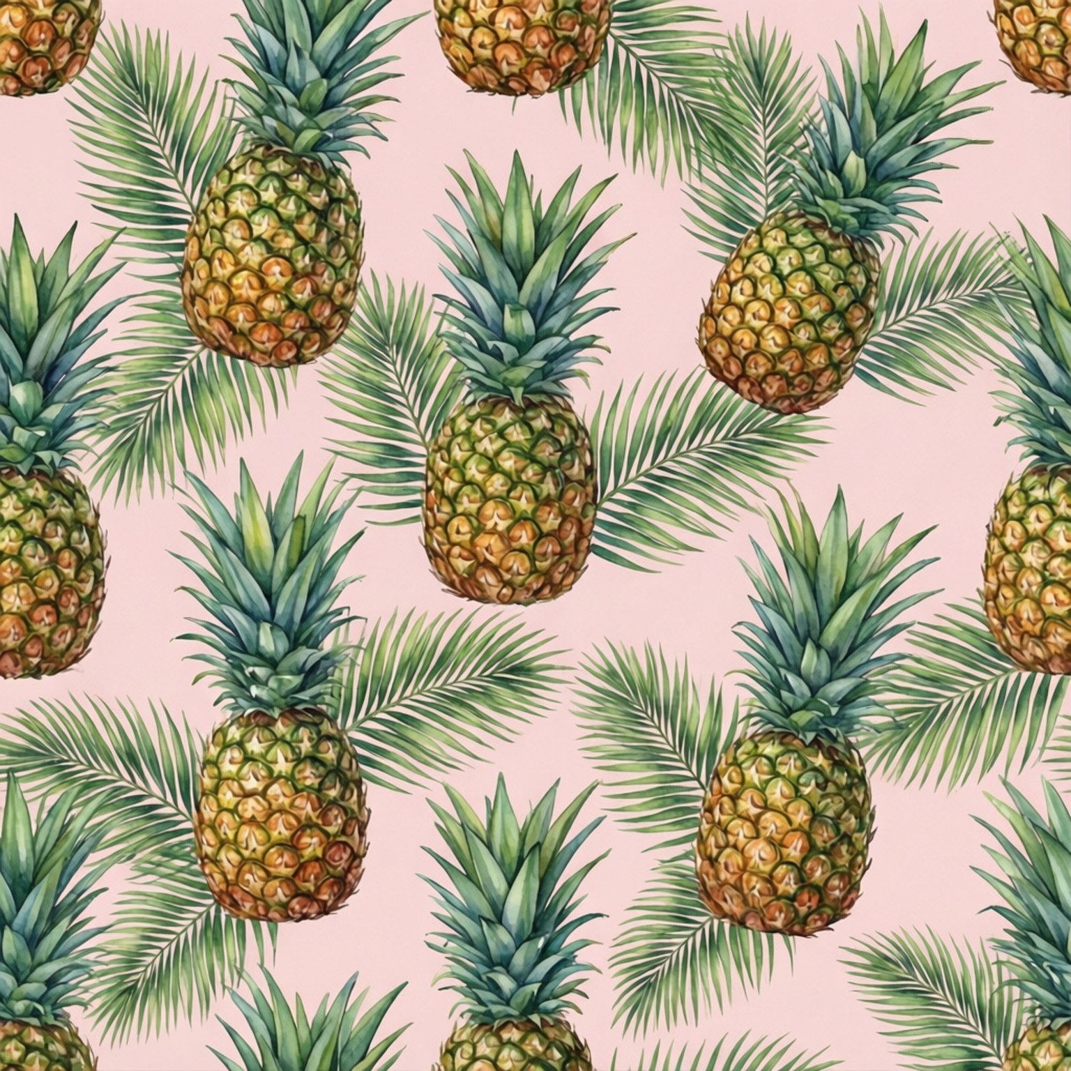 Pineapple Seamless Pattern 壁紙 — 熱帶鳳梨和棕櫚葉圖案在帶有水彩紋理的柔和粉紅色背景上重複。