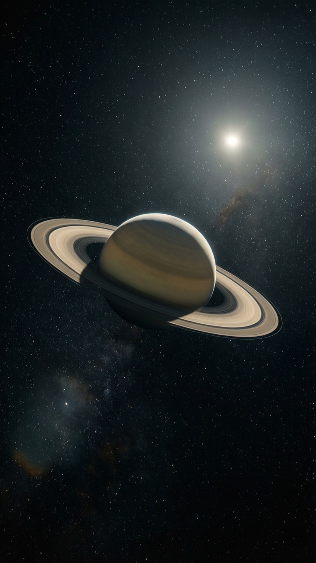Mysterious Dark Saturn 壁紙 — 土星及其標誌性光環在遙遠的太陽照耀下，在充滿宇宙塵埃和星雲的星空中閃耀。