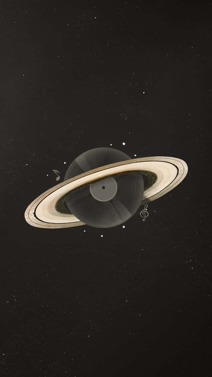  壁紙 — 土星被渲染成黑膠唱片，音符在星空中漂浮。