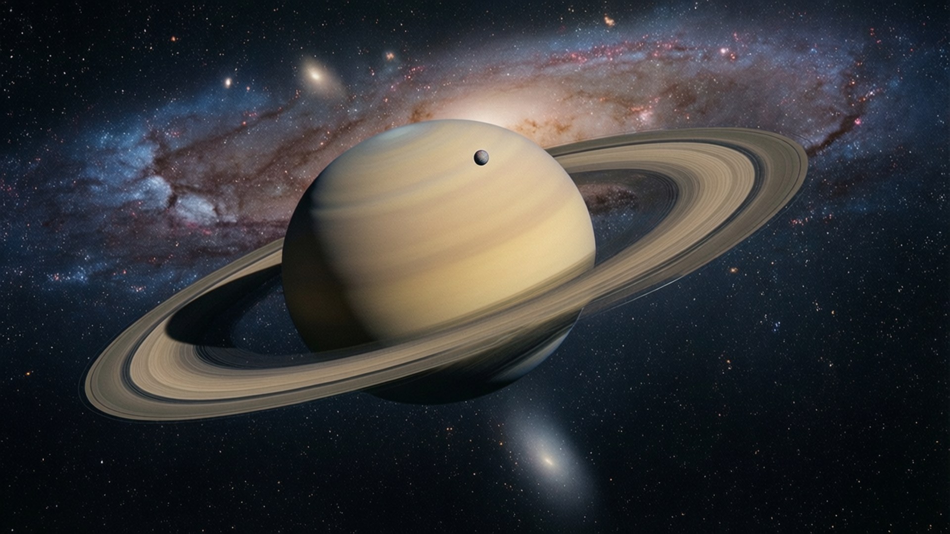 Saturn in Cosmos 壁紙 — 土星以其標誌性的光環在旋轉星系和遙遠恆星的背景下閃耀。