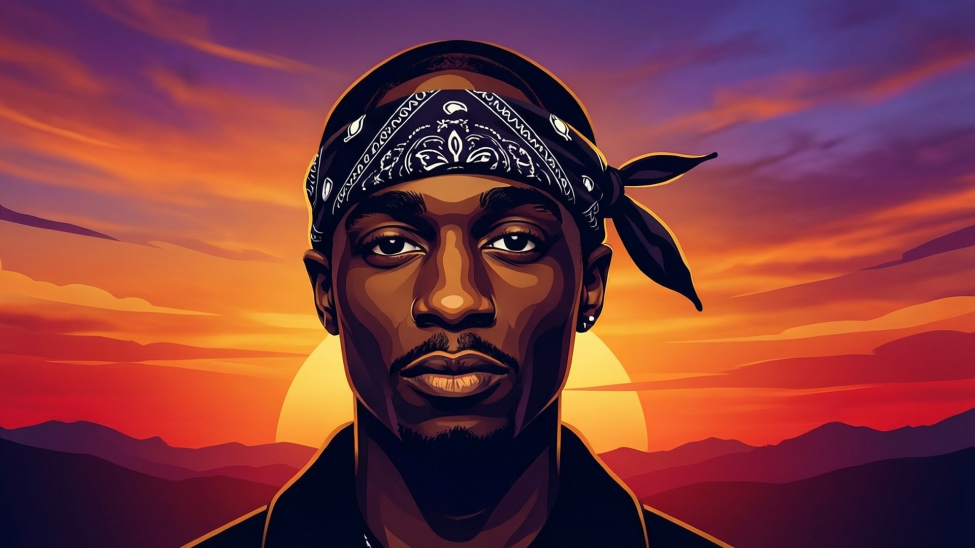 Tupac 日落剪影 壁紙 — 一個風格化的數位肖像，描繪一名戴著頭巾的男子，背景是山巒剪影上 vibrant 的日落。