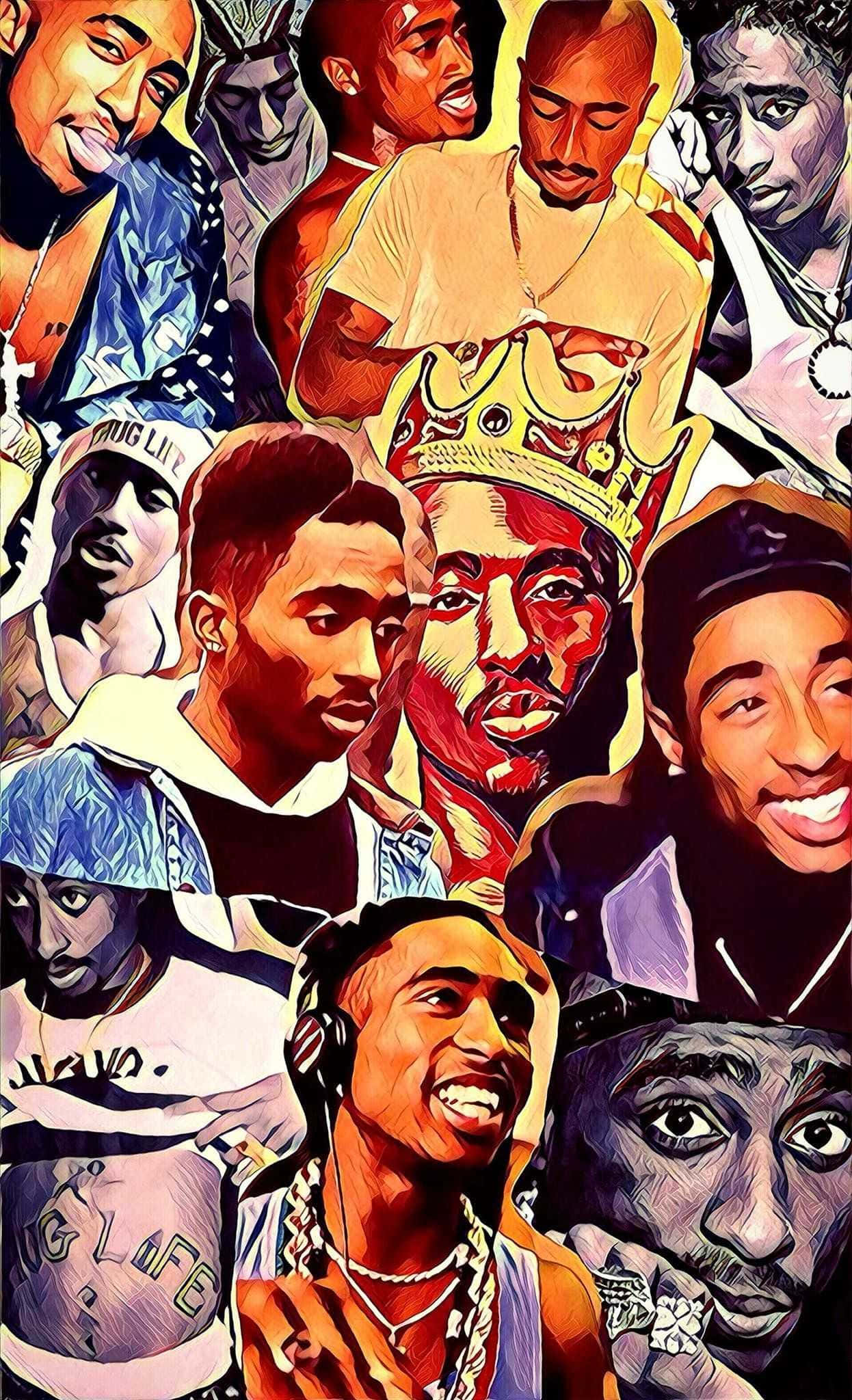 彩色拼貼 Tupac iPhone 桌布 壁紙 — 充滿活力的風格化拼貼畫，展示Tupac Shakur的多個標誌性姿勢和表情。
