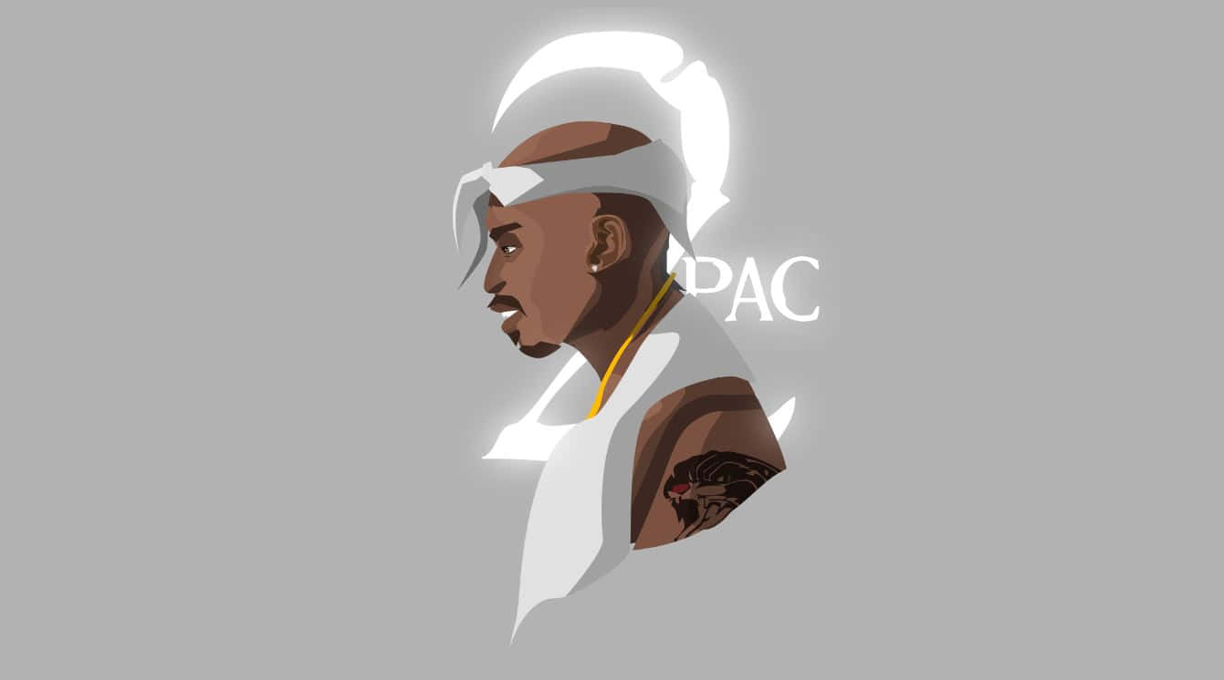 tupac 桌布 壁紙 — Tupac Shakur 側面風格插圖，戴白色頭帶和金色鏈條，灰色背景。