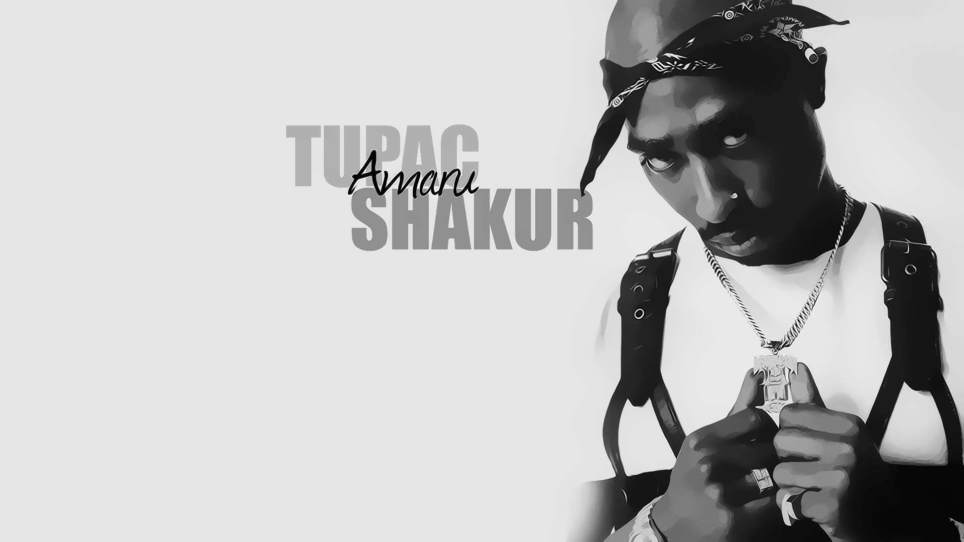 tupac 桌布 壁紙 — Tupac Shakur 在極簡灰色背景下，手持鏈條項鍊，眼神專注。
