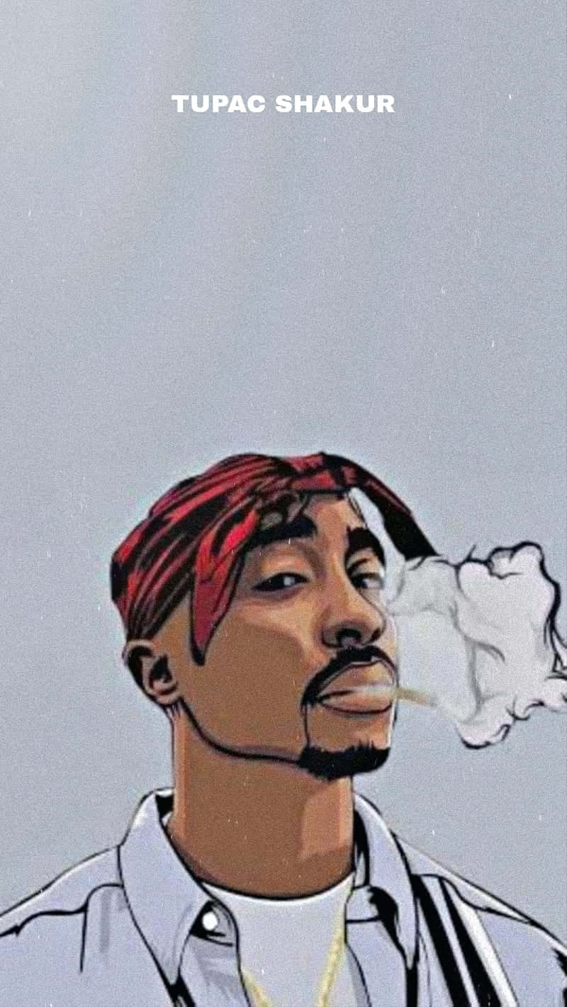 桌布 壁紙 — Tupac Shakur 戴著紅色頭巾，在純灰色背景前呼出煙霧，呈現風格化的漫畫藝術。