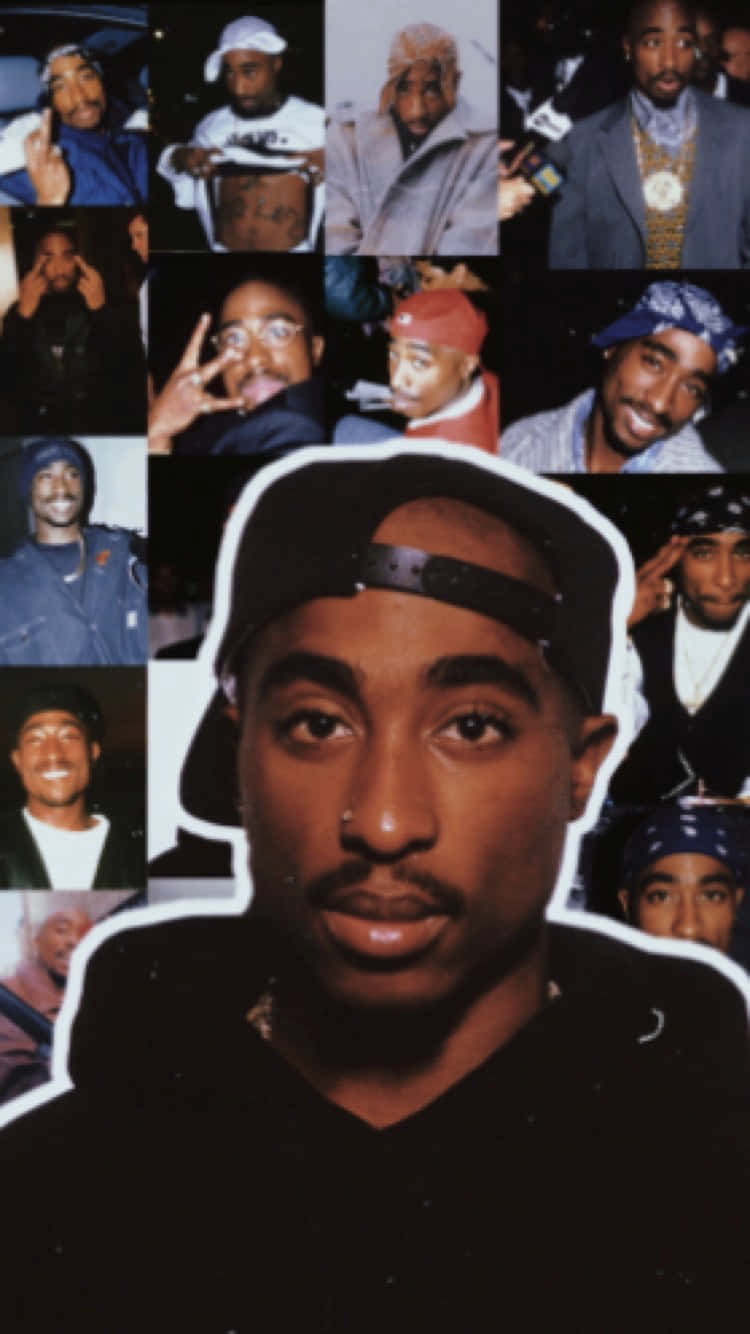 Tupac iPhone 桌布 壁紙 — Tupac Shakur 標誌性照片的拼貼畫，中央有一個大型肖像，背景為深色。