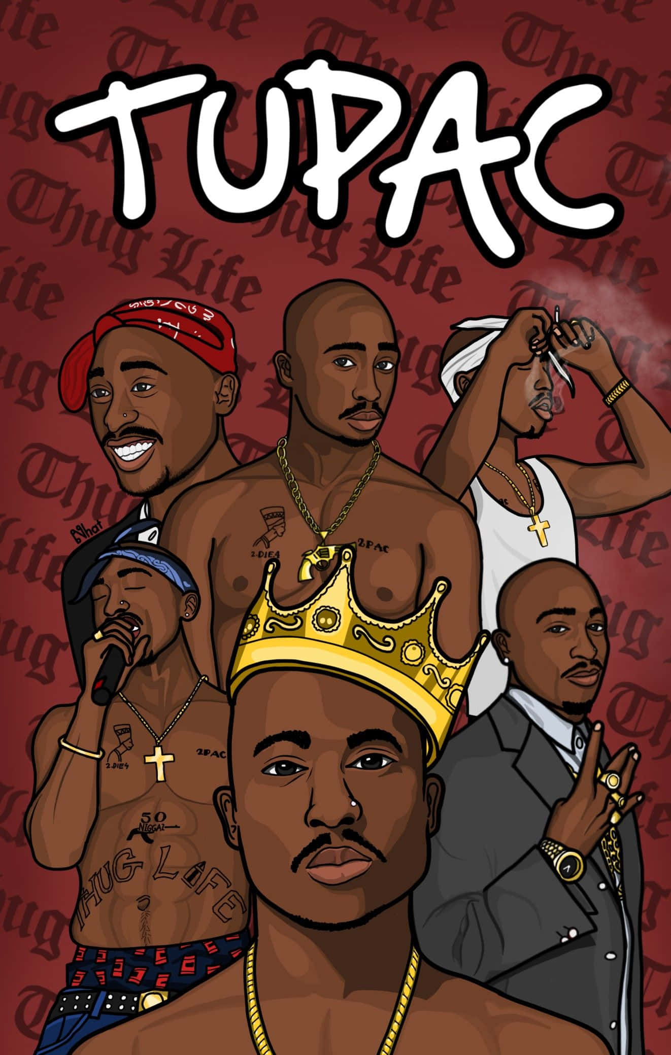 桌布 壁紙 — Tupac Shakur 的多個標誌性姿勢插圖肖像，背景為紅色，帶有重複的 Thug Life 文字。