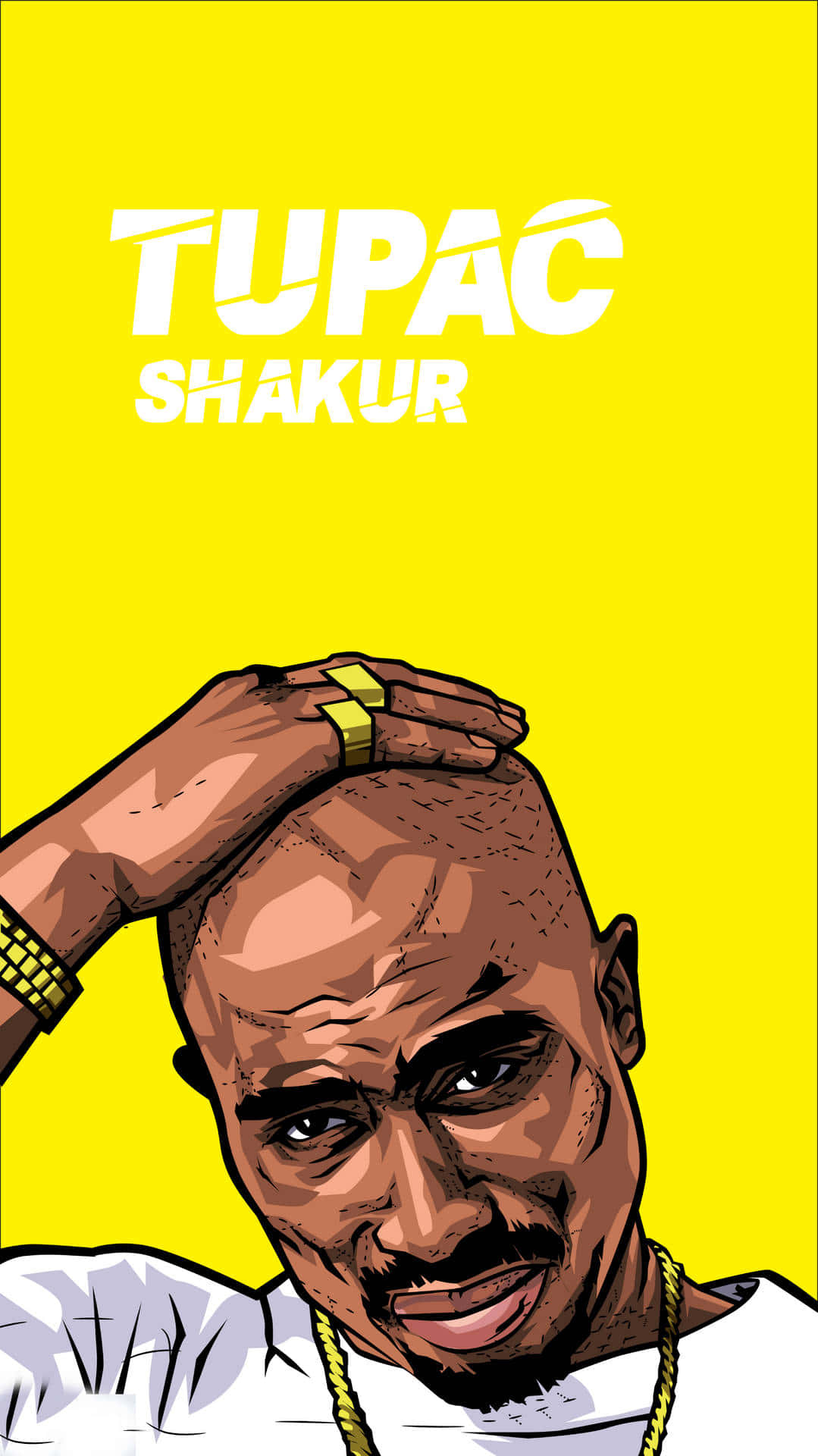 tupac 桌布 壁紙 — Tupac Shakur 的大膽卡通肖像，背景是鮮黃色，他的手放在頭上。