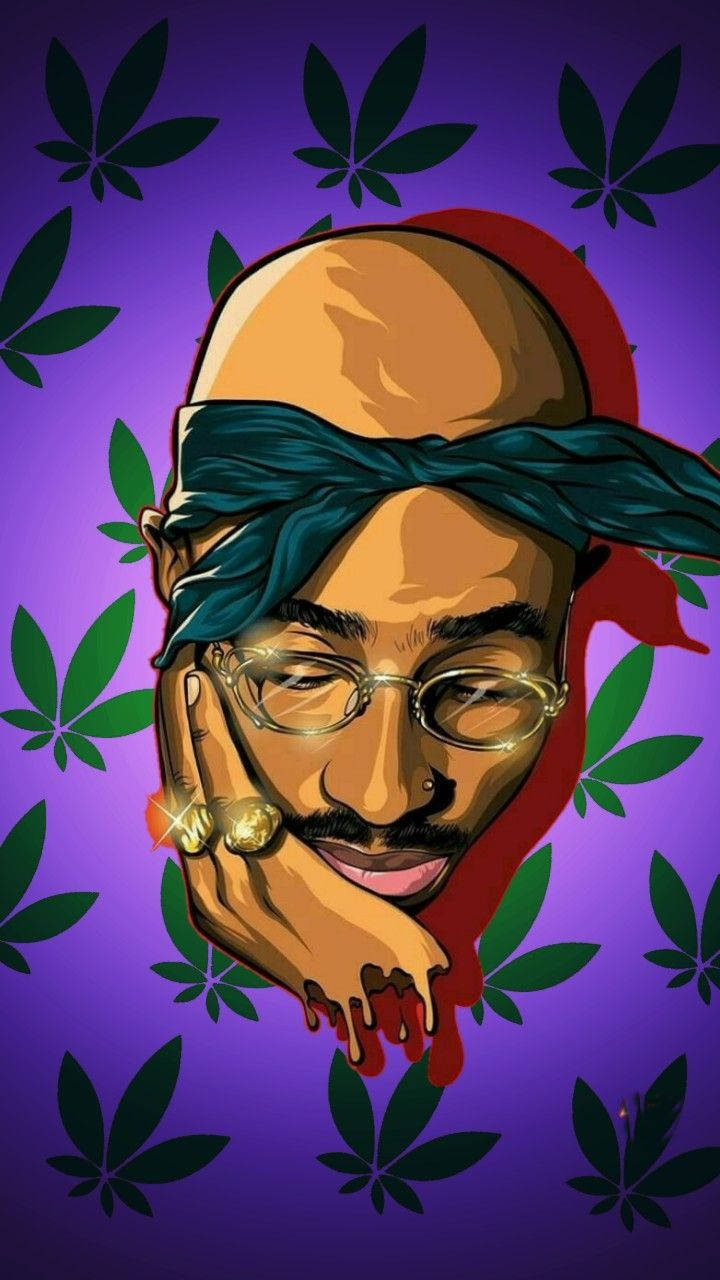 Tupac iPhone 桌布 壁紙 — Tupac Shakur 的風格化肖像，戴著青綠色頭巾和金戒指，背景為紫色並帶有大麻葉。