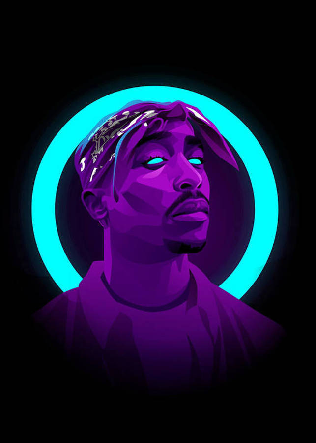tupac 桌布 壁紙 — Tupac Shakur 的風格化肖像，紫色調，帶有發光的青色光環，黑色背景。