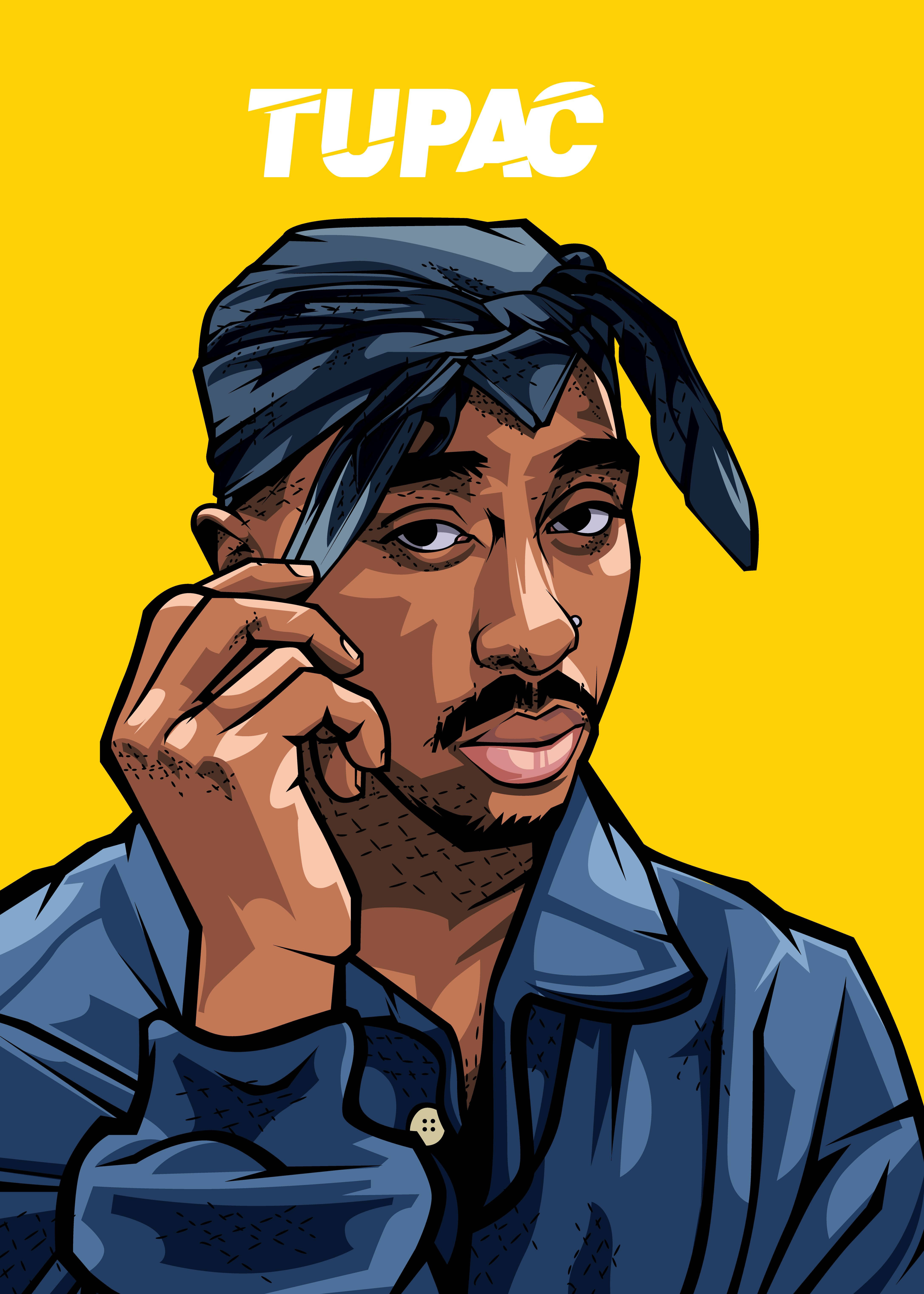 tupac 桌布 壁紙 — Tupac Shakur 的風格化插圖，身穿藍色襯衫和頭巾，背景為大膽的黃色。