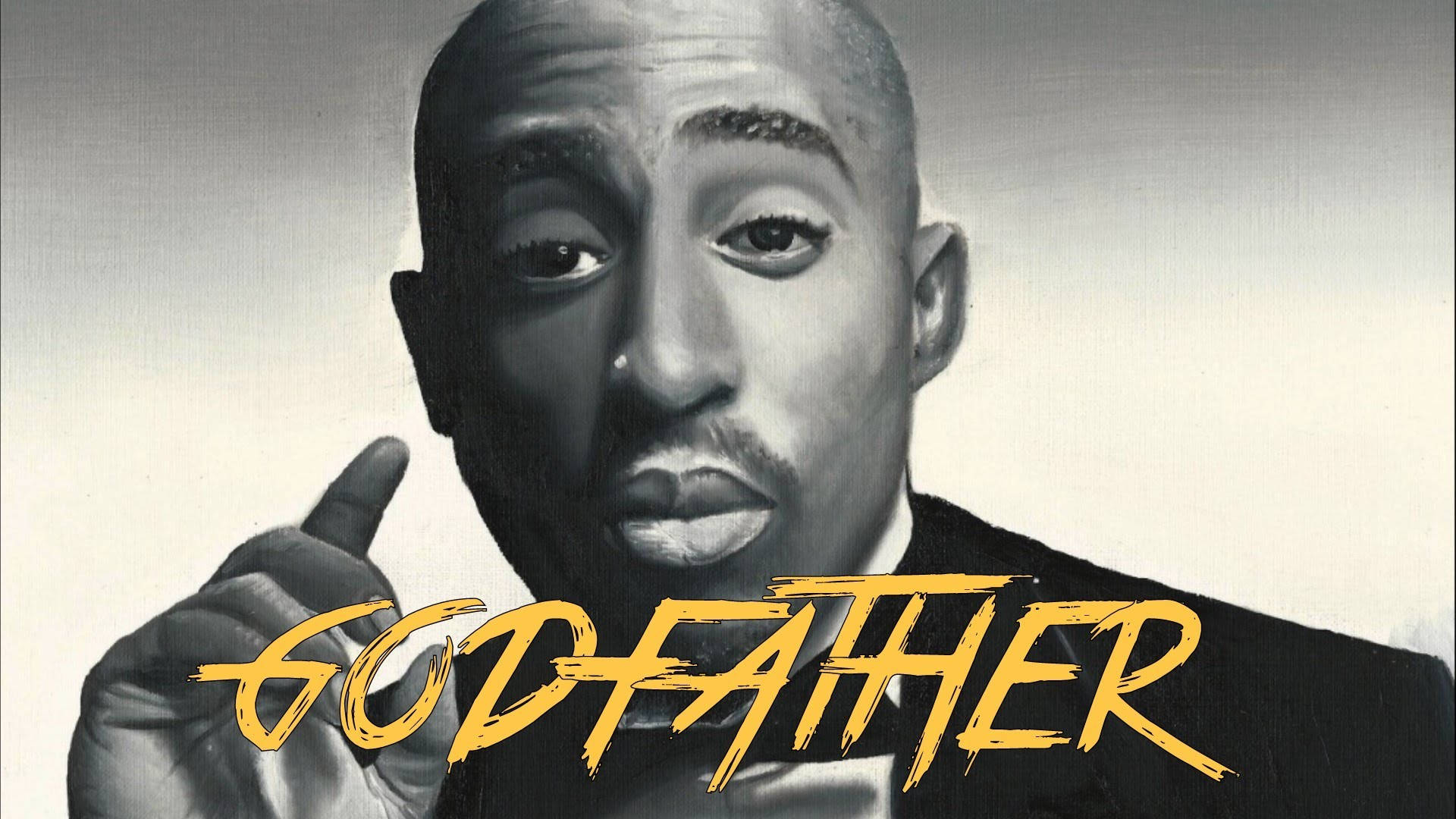 Tupac Shakur 向上指，帶有黃色 'GODFATHER' 文字。