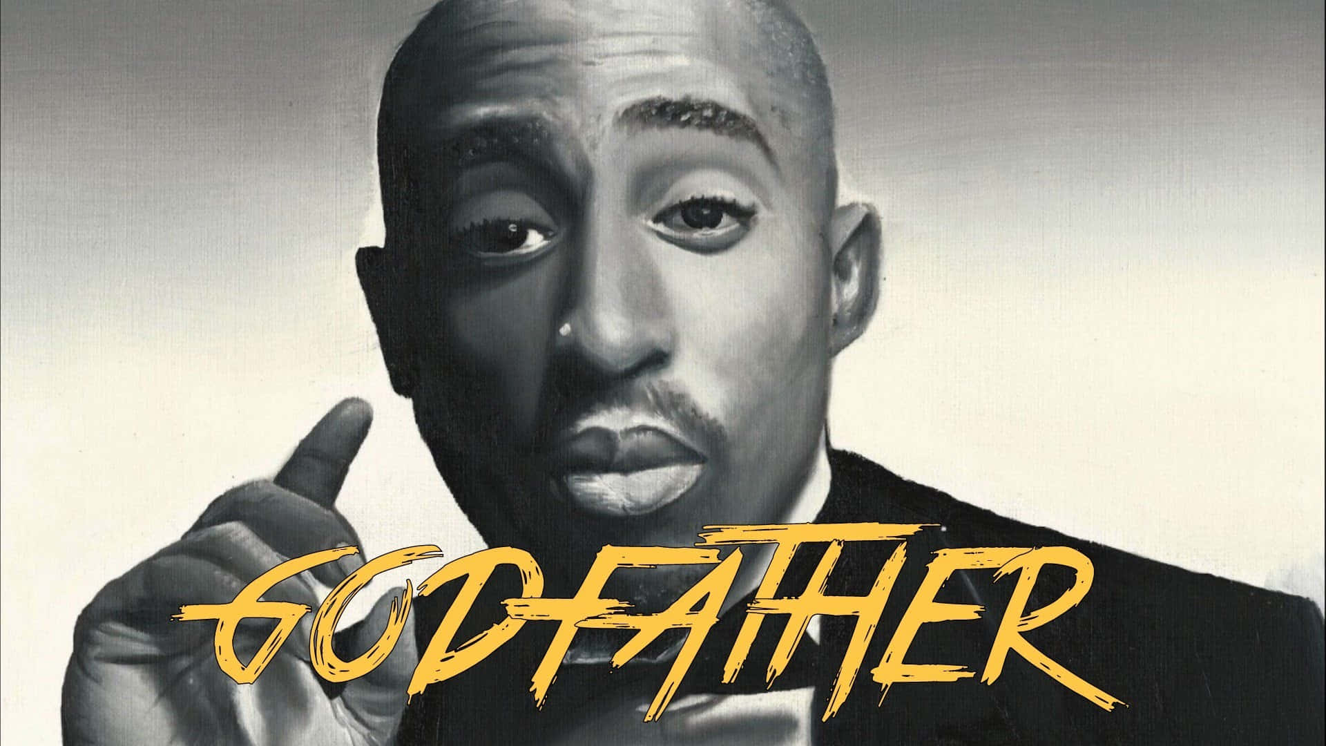 tupac 桌布 壁紙 — Tupac Shakur 的風格化肖像，向上指，並疊加粗體黃色 'GODFATHER' 文字。