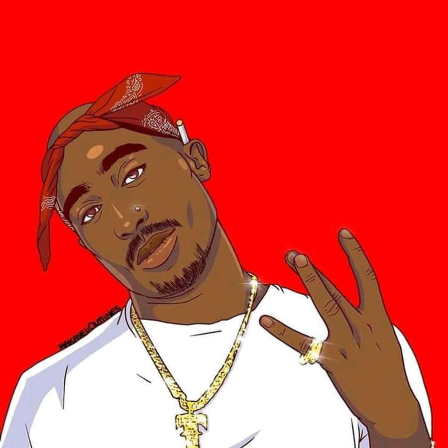 桌布 壁紙 — Tupac Shakur 的風格化插圖，身穿白色T恤和金色鏈條，背景為大膽的紅色。