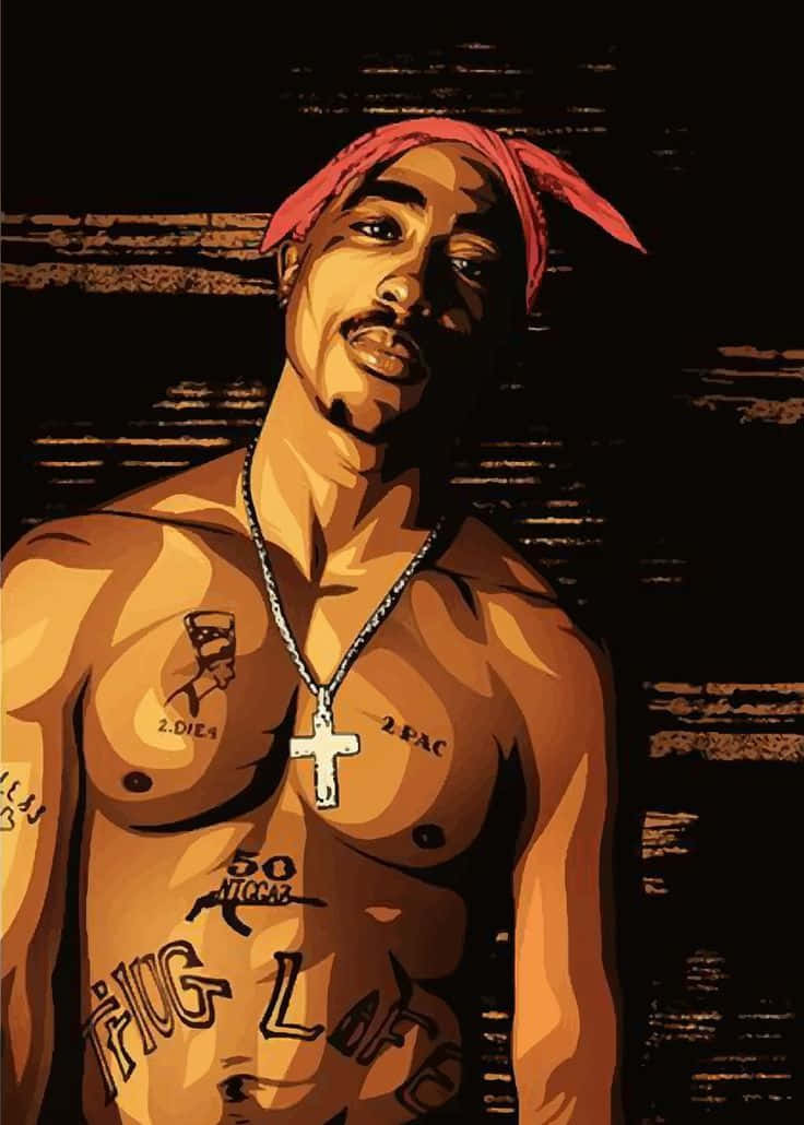 桌布 壁紙 — Tupac Shakur 的風格化肖像，帶有刺青和紅色頭巾，背景為深色紋理。