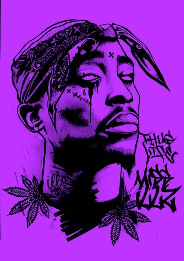tupac 桌布 壁紙 — Tupac Shakur 的風格化紫色和黑色插圖，帶有頭巾、淚滴紋身眼睛和大麻葉。