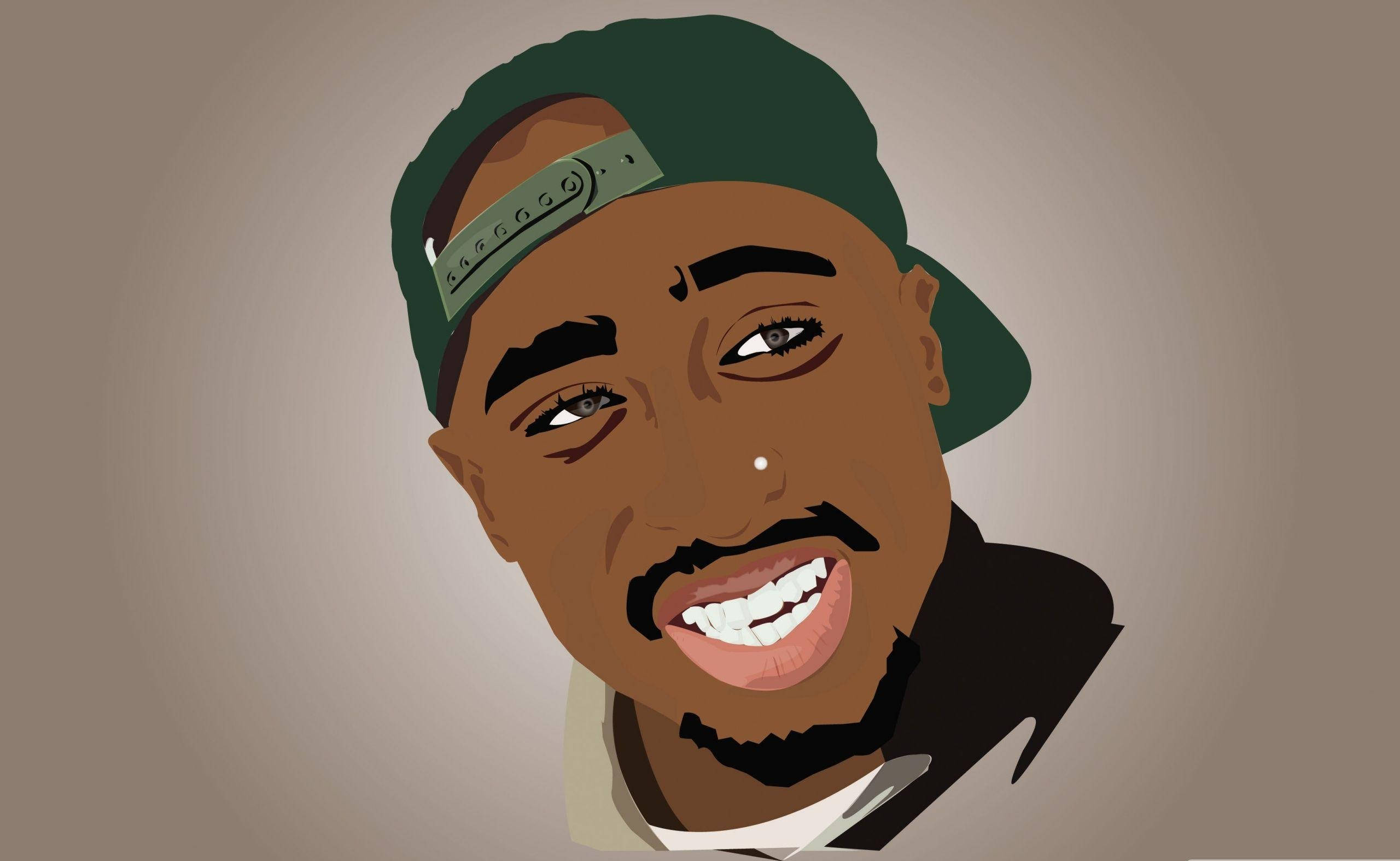 tupac 桌布 壁紙 — Tupac Shakur 的風格化數位肖像，戴著綠色棒球帽，露出燦爛的笑容。