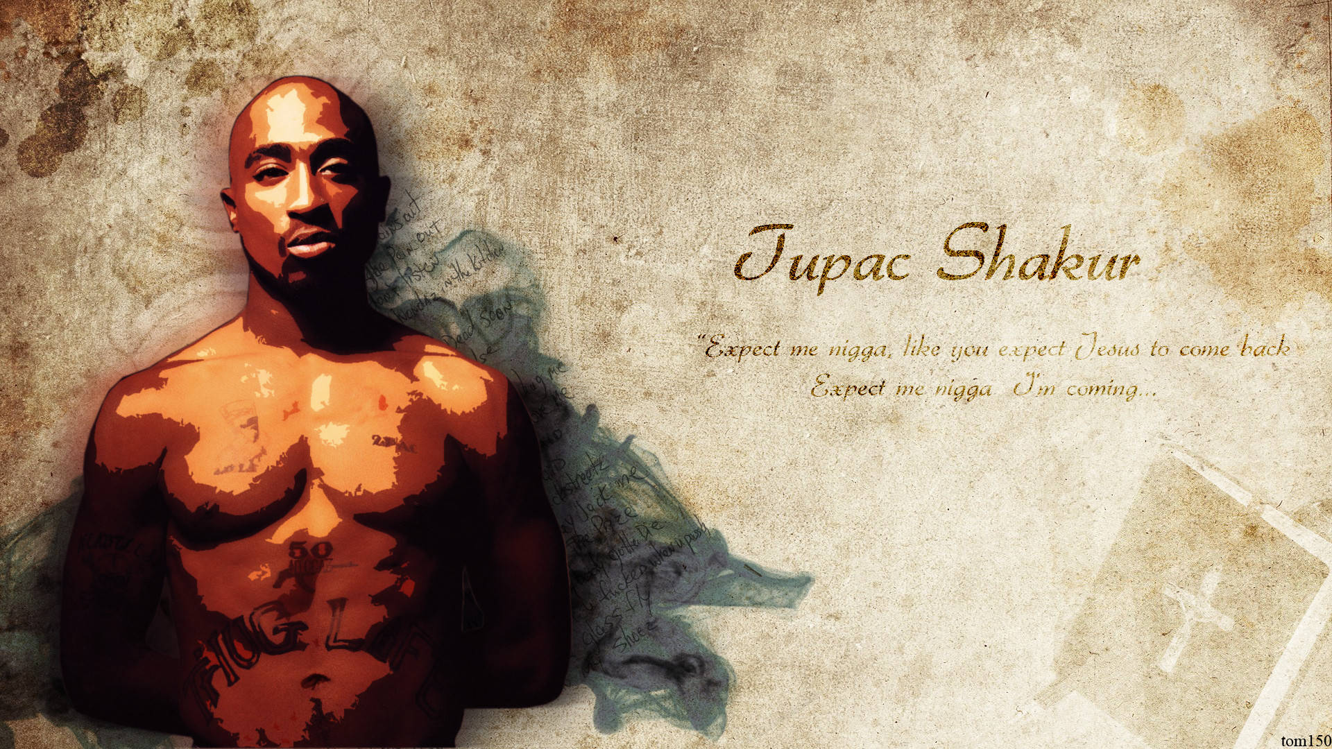 Tupac Shakur 肖像，帶有刺青和引言，背景有紋理。