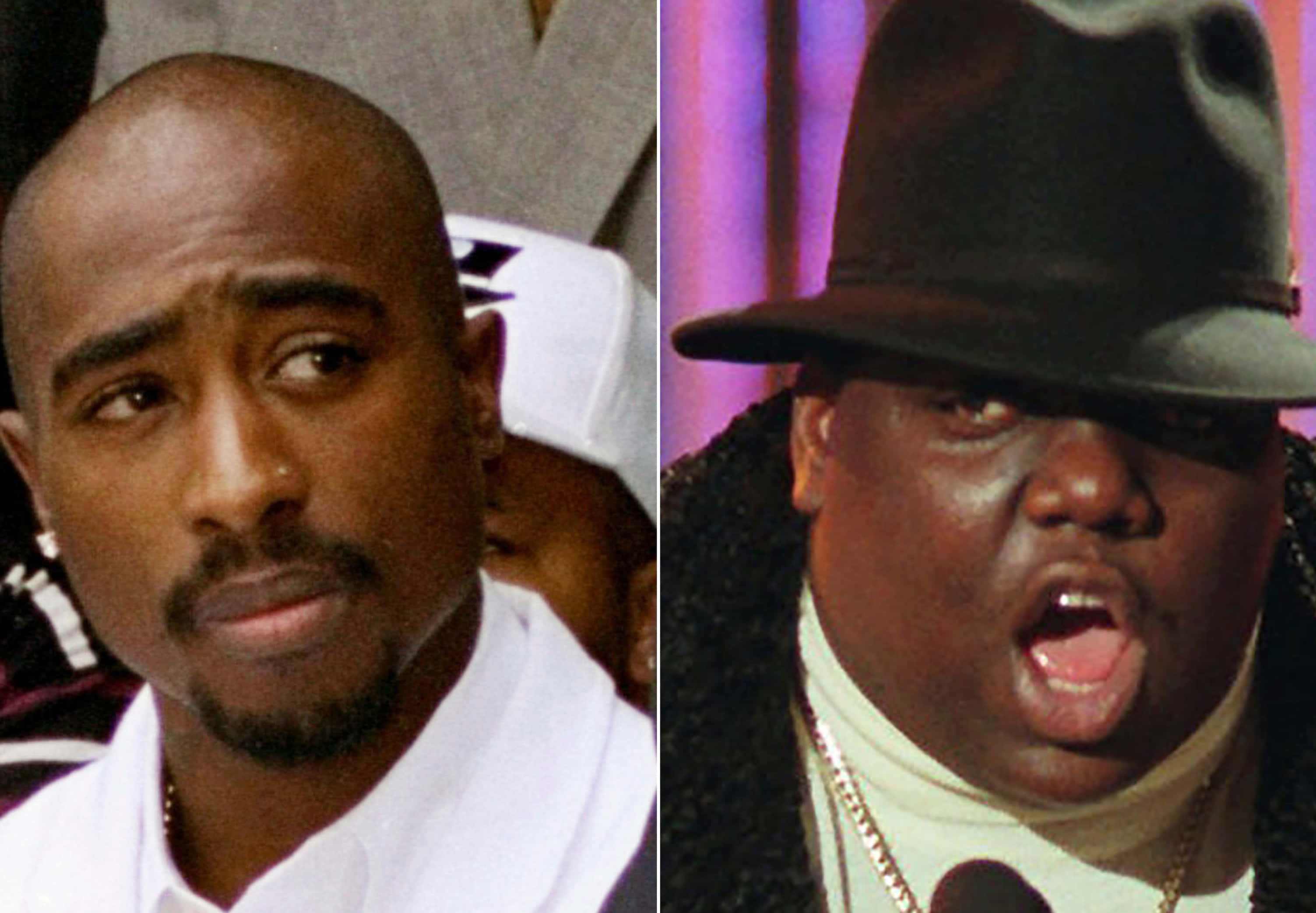 hiphop 桌布 壁紙 — Tupac Shakur 表情嚴肅與 Biggie Smalls 表演中張開嘴巴戴著軟呢帽的分割肖像。