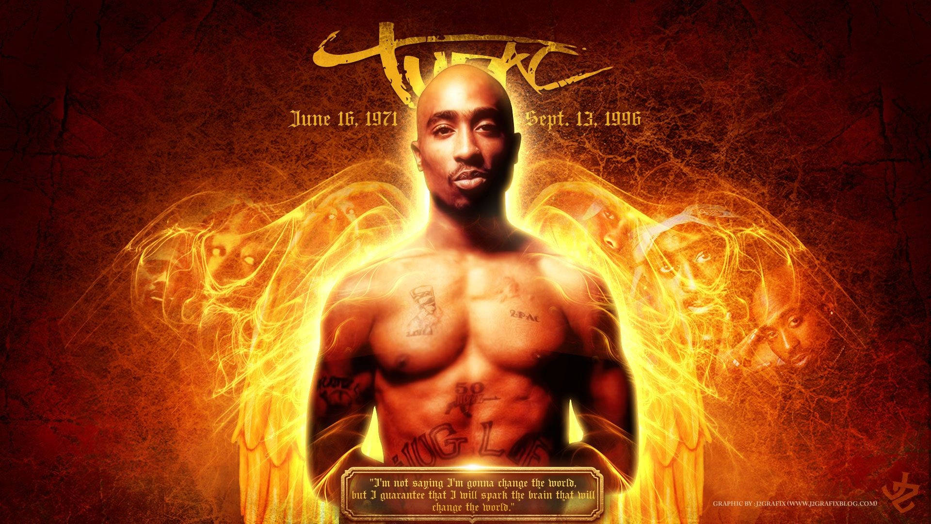 Tupac Shakur 在火紅色背景中，背後有發光的翅膀和幽靈般的面孔。