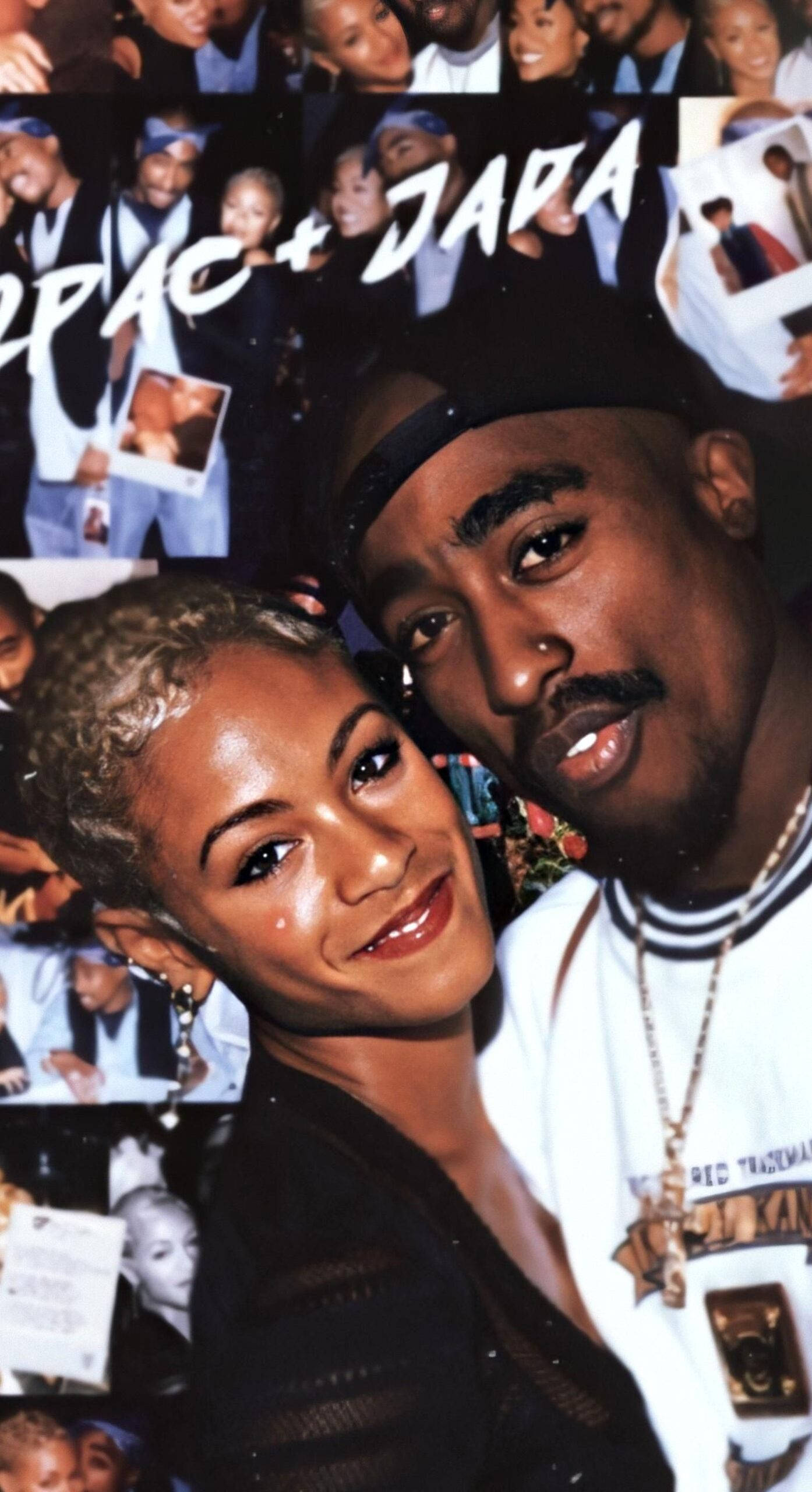 90年代饒舌歌手 桌布 壁紙 — Tupac 和 Jada 在帶有 '2PAC + JADA' 文字疊加的照片拼貼中緊密擺姿勢。