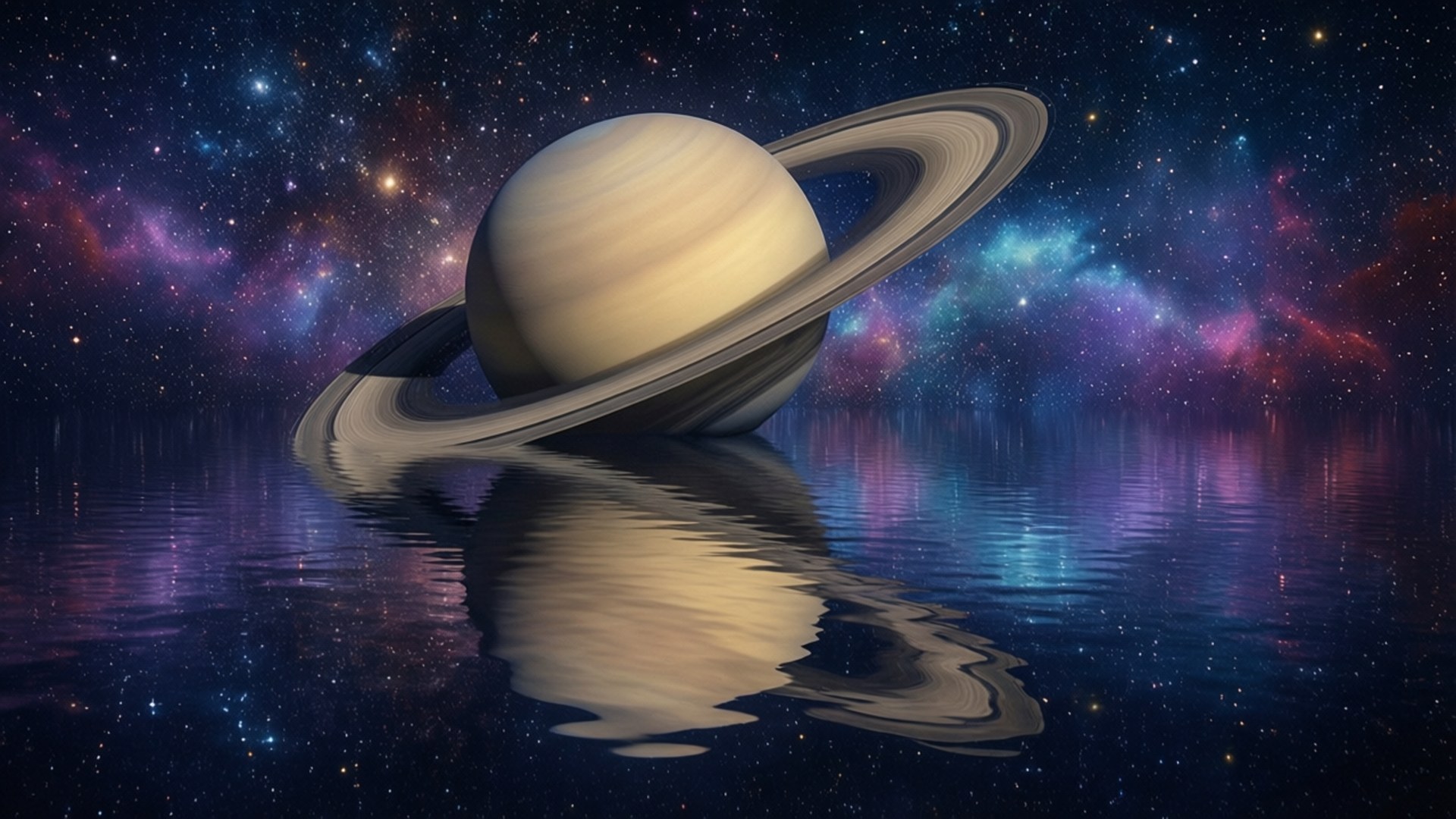 Cosmic Ocean Saturn 壁紙 — 土星在宇宙海洋上空寧靜地漂浮，其光環和條紋表面在星光點點的星雲天空下，倒映在漣漪的水面上。