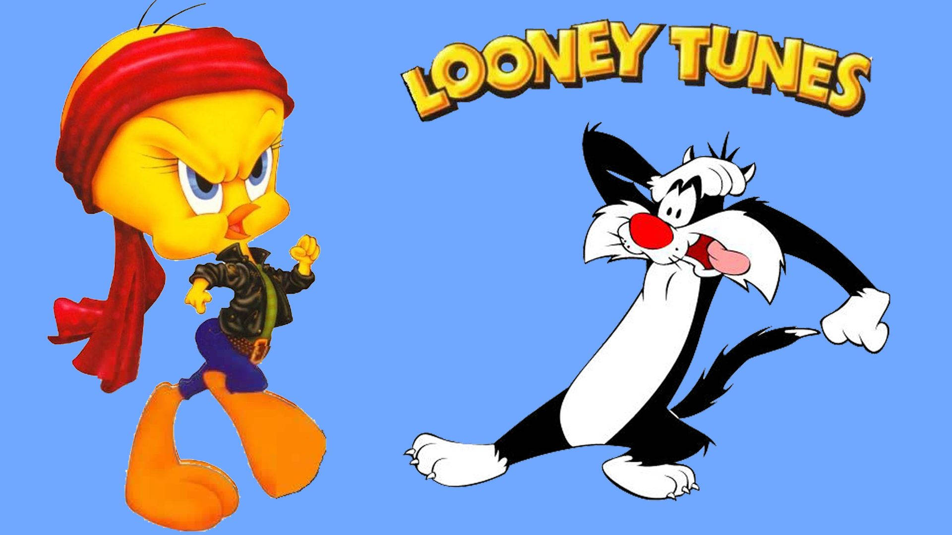 Sylvester 桌布 壁紙 — Tweety Bird 穿著海盜裝備，面對受驚的 Sylvester the Cat，背景為純藍色，帶有 'Looney Tunes' 標誌。