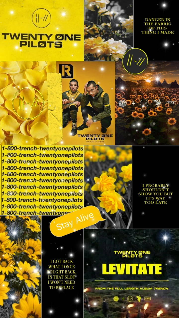 Picsart 桌布 壁紙 — Twenty One Pilots 專輯《Trench》的鮮豔黃色向日葵和樂隊圖像拼貼，帶有粗體文字和星空場景。