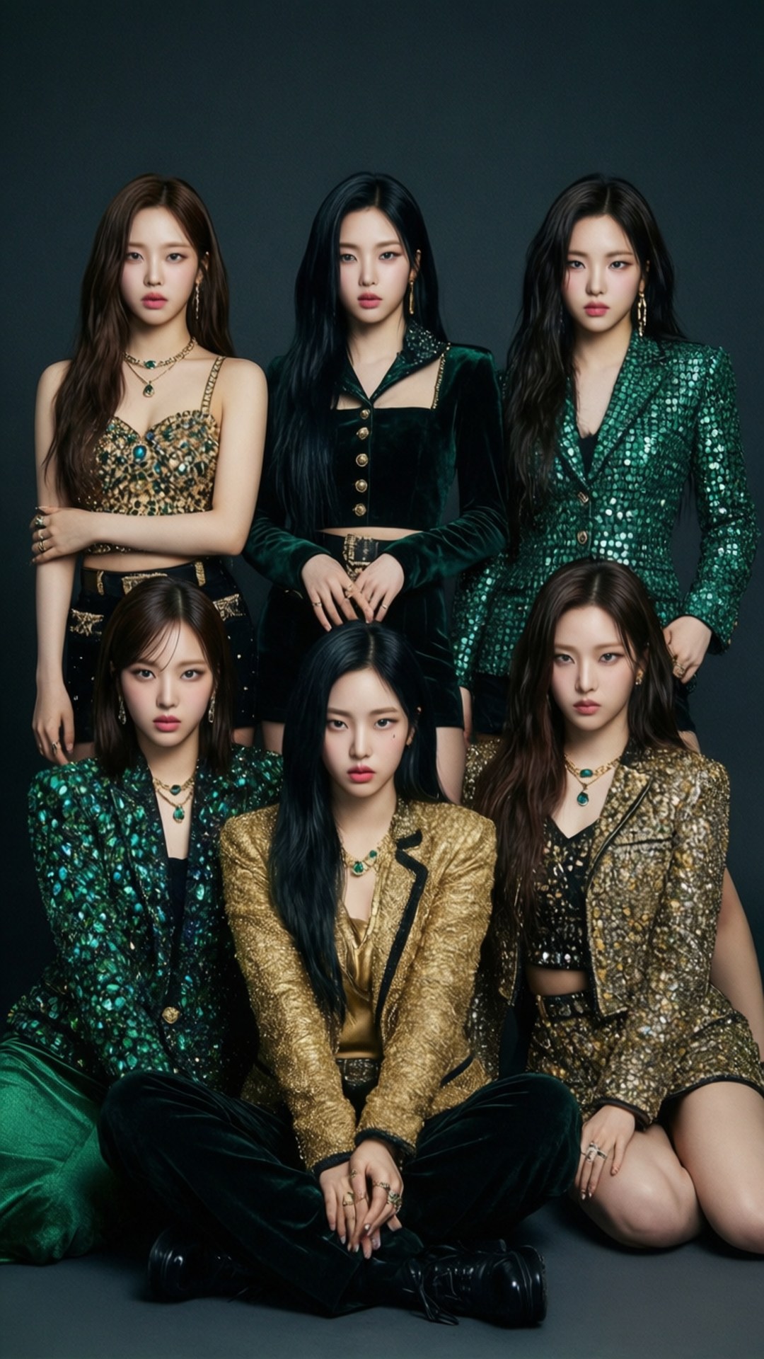 TWICE 寶石色調魅力 壁紙 — 五位身穿閃爍綠色和金色服裝的女性在深色工作室背景下自信地擺姿勢。