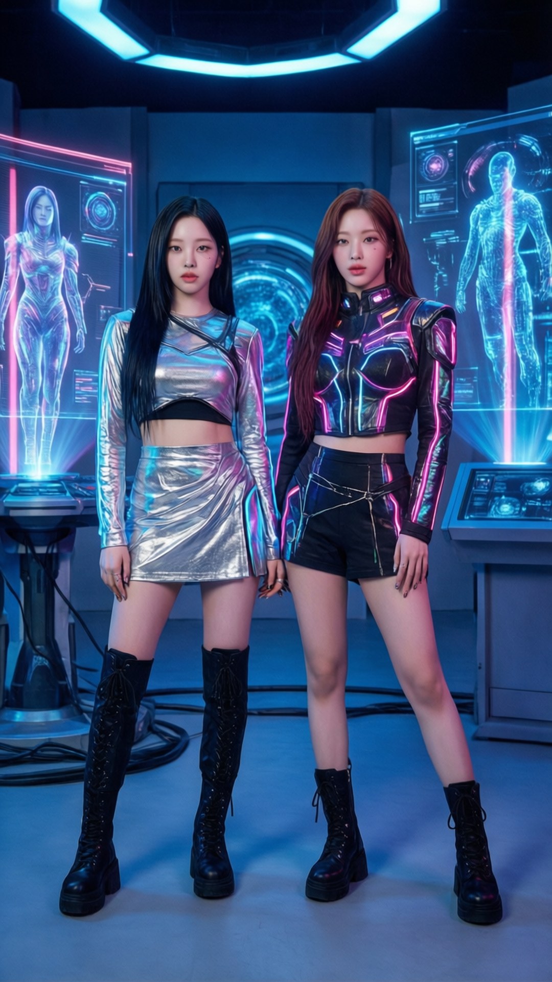 TWICE 賽博龐克夢境 壁紙 — 兩位身穿未來金屬服裝的女性自信地站在霓虹燈科幻實驗室中，周圍是全息顯示屏。