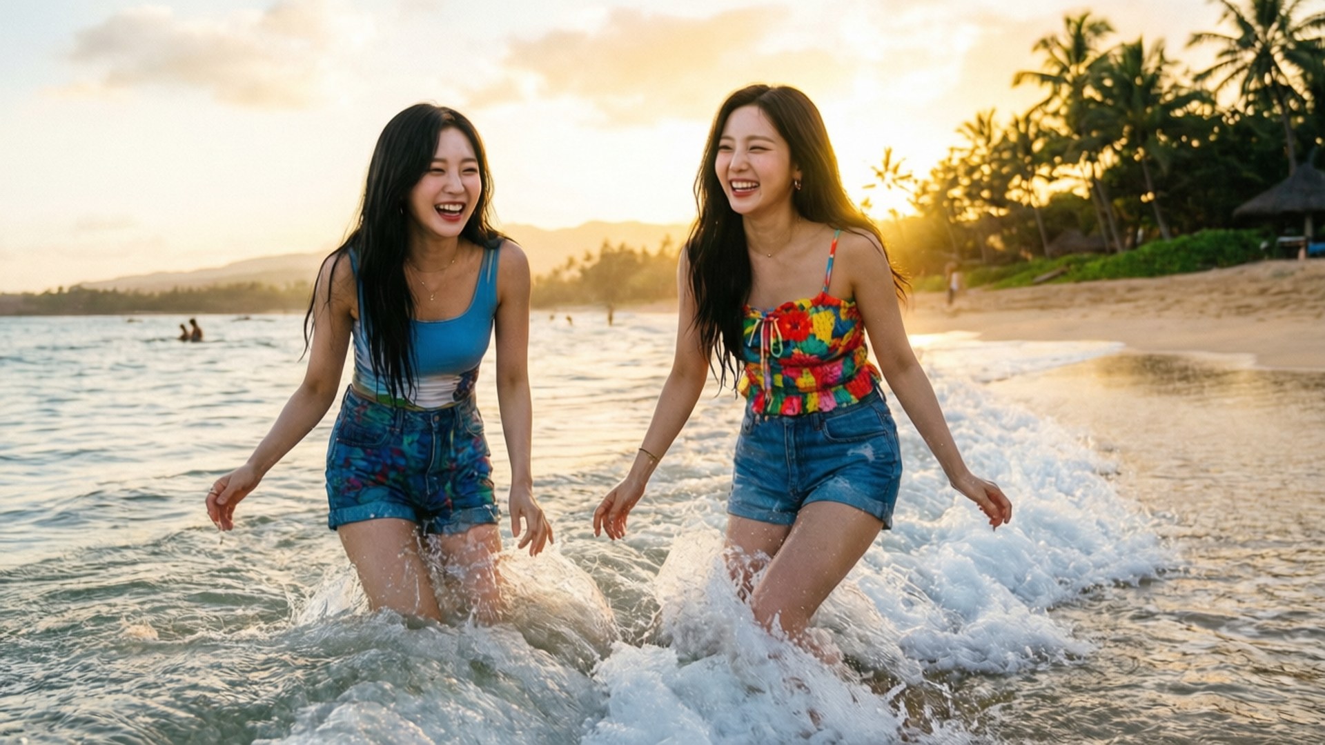 TWICE海灘日樂趣 壁紙 — 兩位快樂的女性在金色日落海灘上，棕櫚樹旁，海浪拍打她們的腿時大笑。