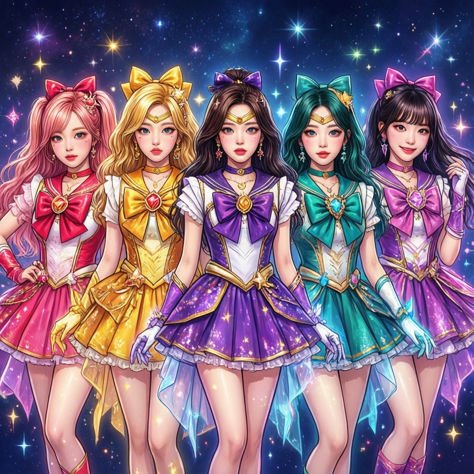 五位穿著水手服的魔法少女在星空下擺姿勢。