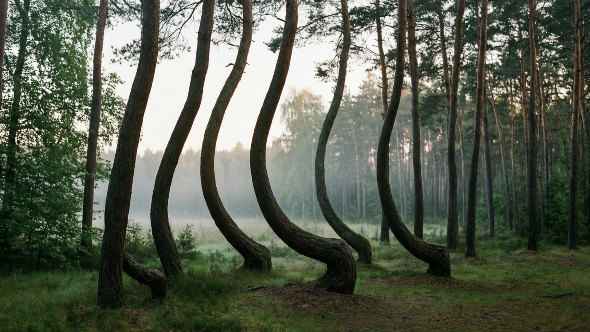 Crooked Forest Mystery 壁紙 — 扭曲的松樹在晨霧籠罩的森林中優雅彎曲，柔和的金色光線穿過樹冠。