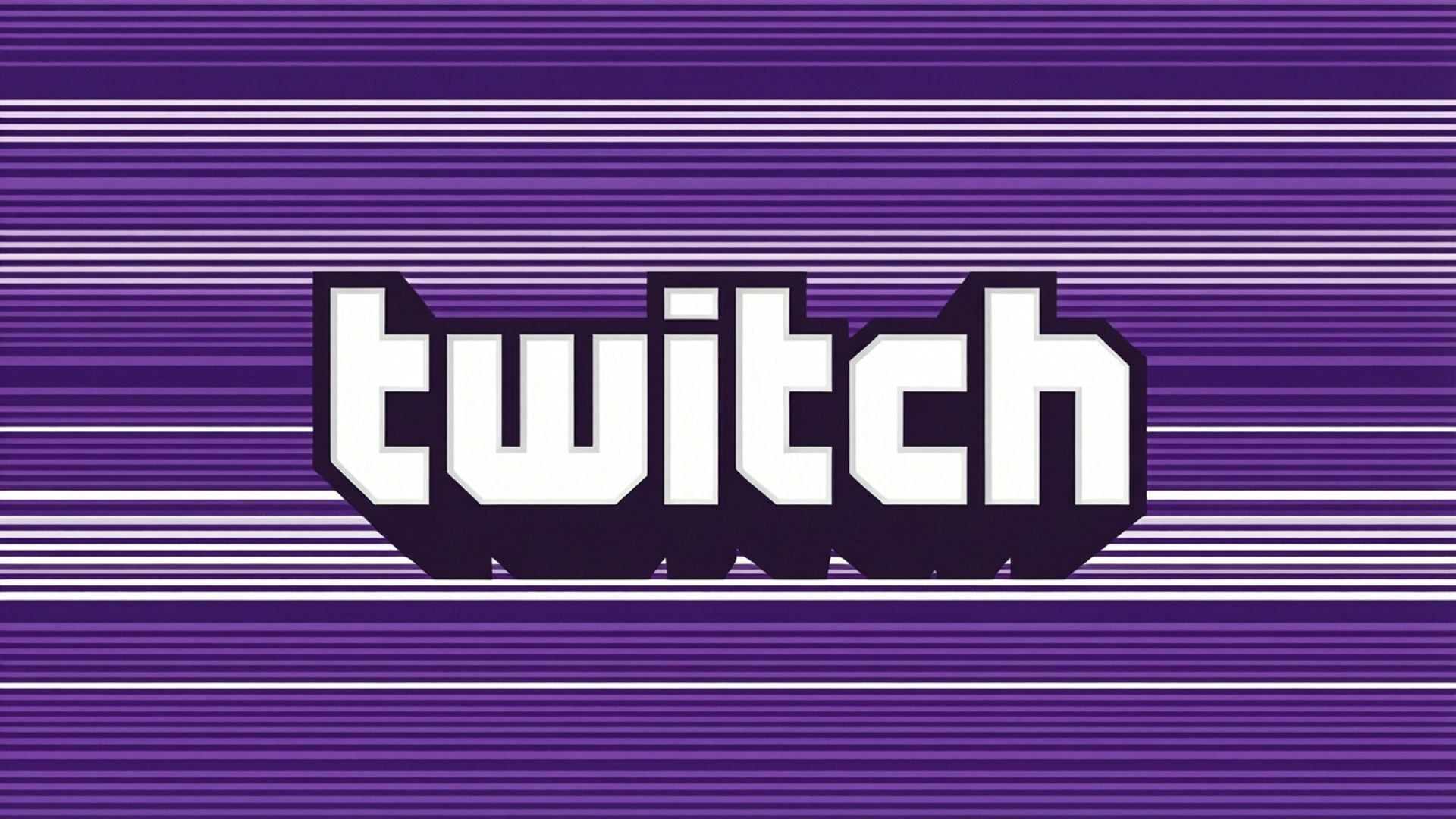 Twitch Wordmark Stripes 壁紙 — Twitch 標誌以粗體白色字母和深色陰影居中放置在帶有水平白色條紋的鮮豔紫色背景上。
