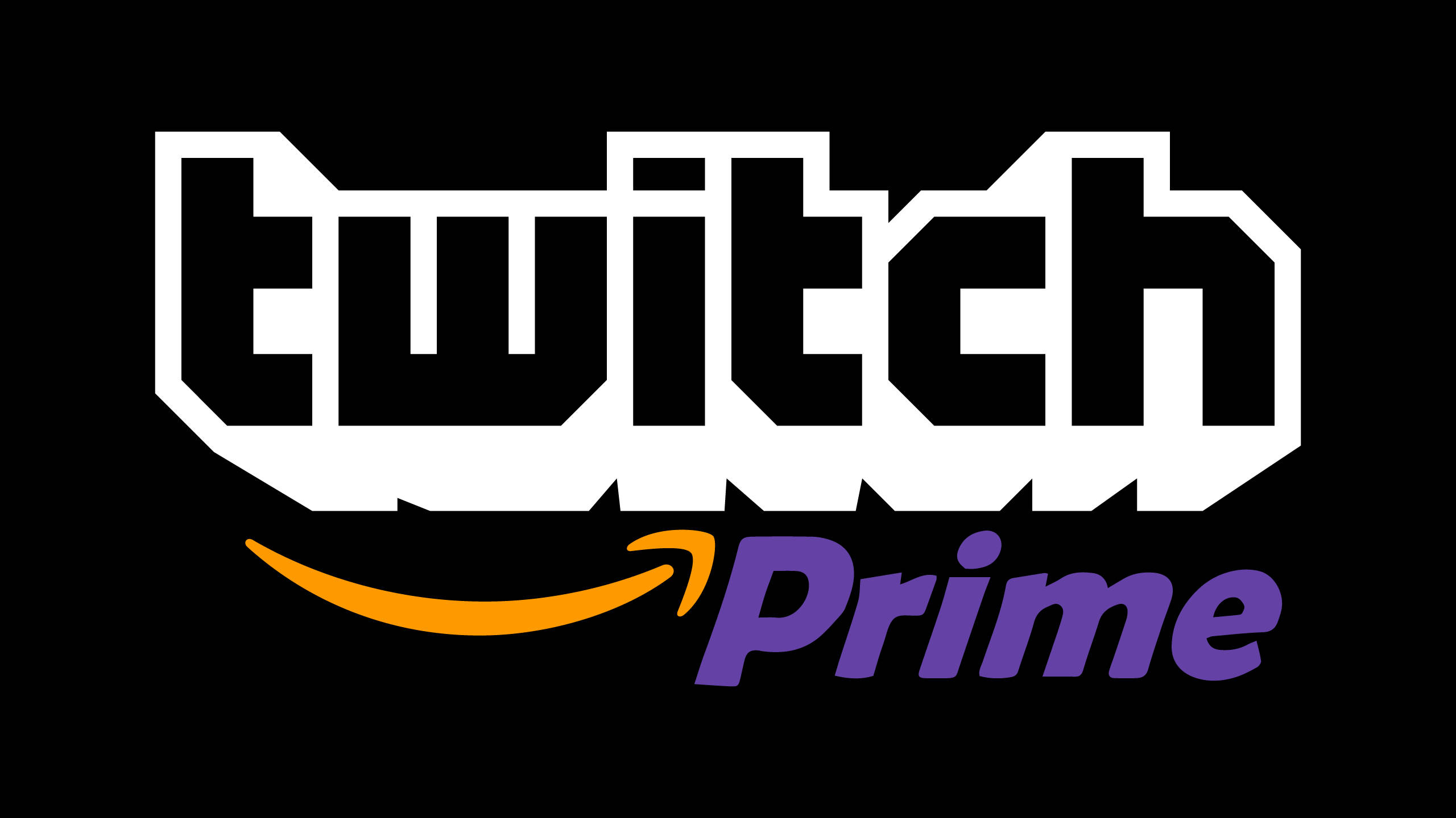 Twitch 桌布 壁紙 — Twitch Prime 標誌，黑色背景上有粗體白色文字和橙色箭頭。