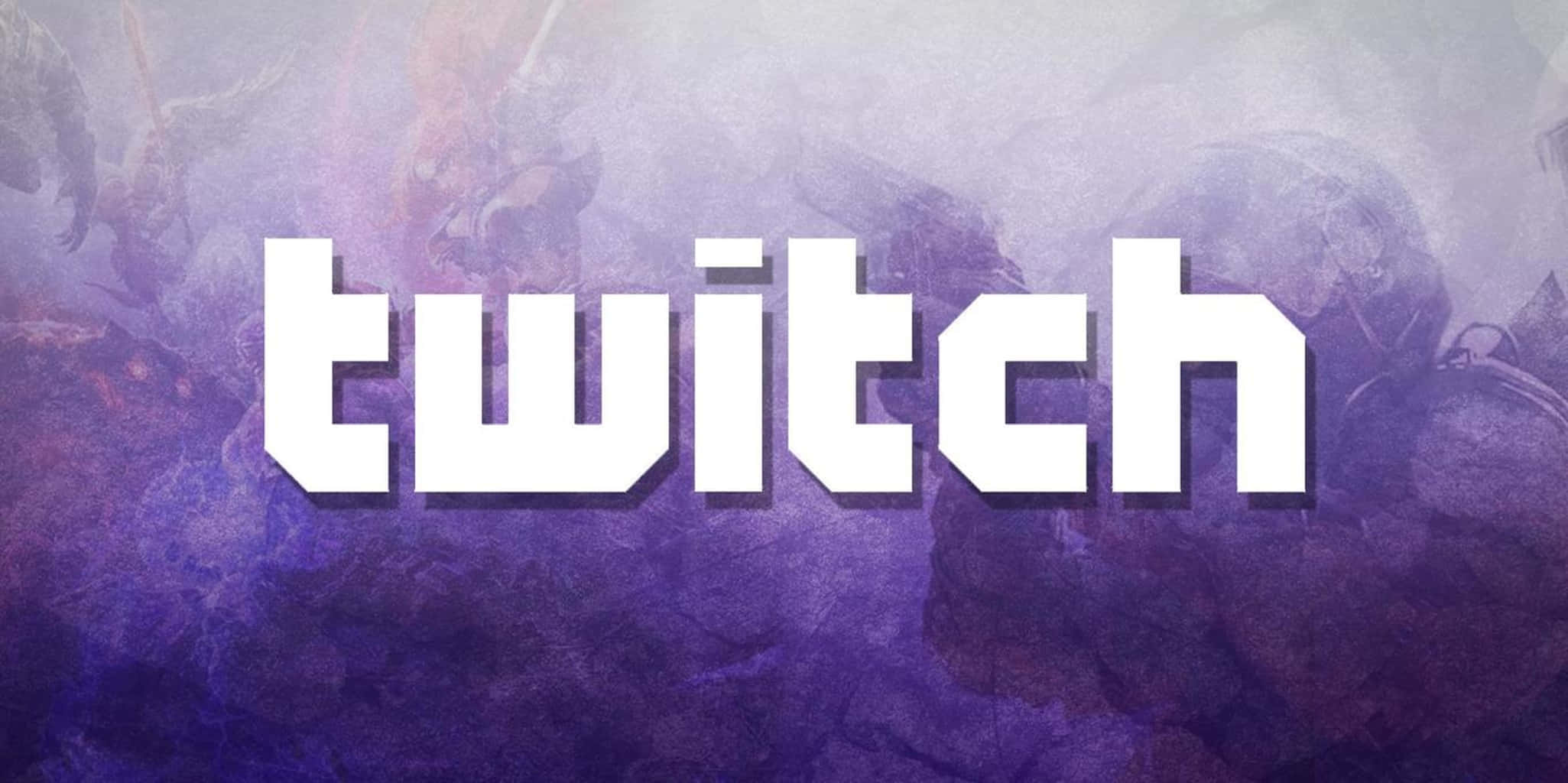 Twitch 桌布 壁紙 — Twitch 標誌以粗體白色字母在煙霧瀰漫的紫色和灰色奇幻戰鬥場景背景中脫穎而出。