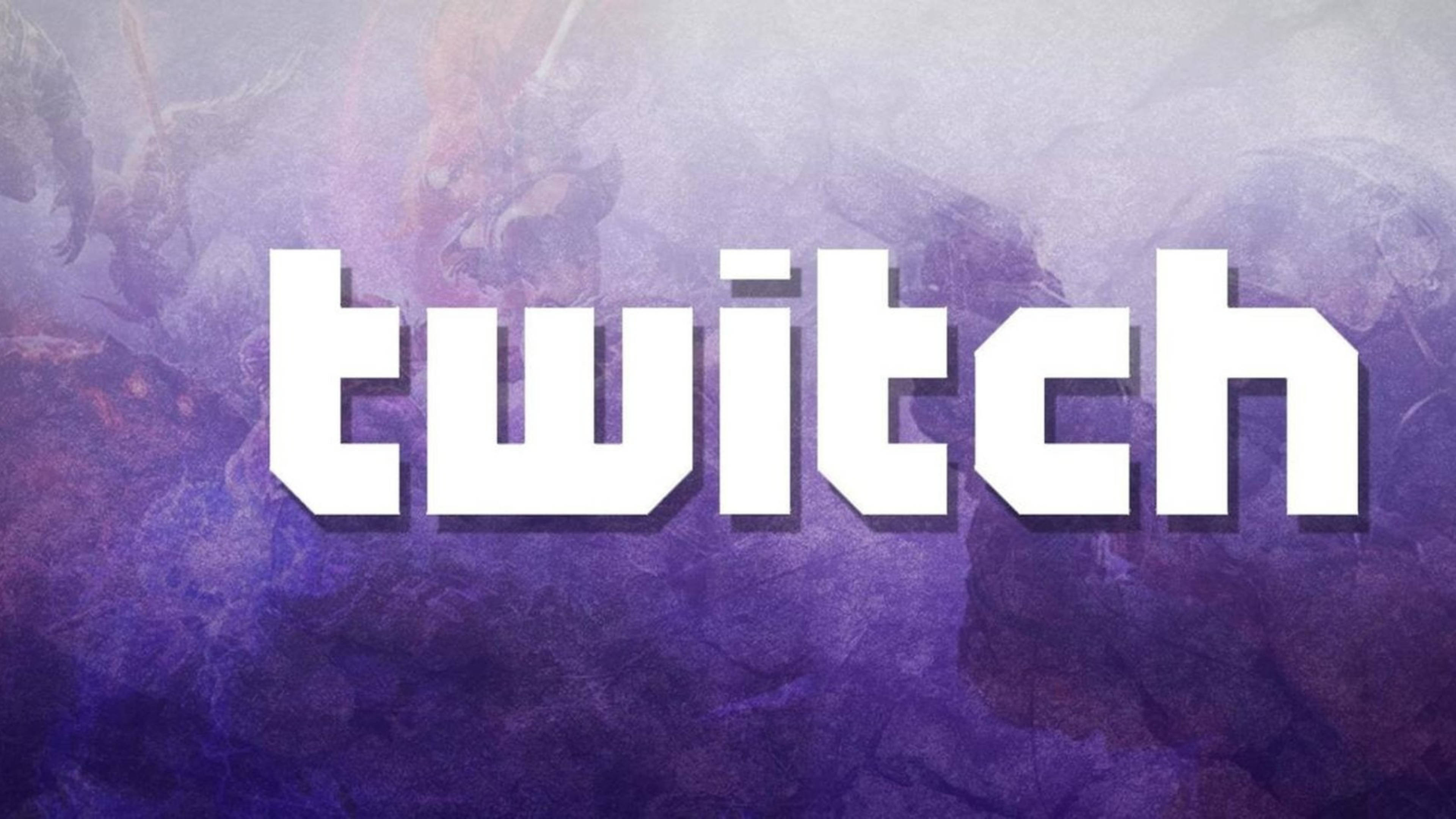 Twitch 桌布 壁紙 — Twitch 標誌以粗體白色字母在帶有紋理的紫色和粉紅色抽象背景上脫穎而出。