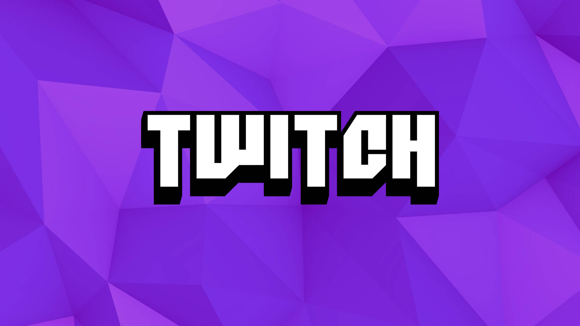Twitch 桌布 壁紙 — Twitch 標誌以粗體白色搭配黑色輪廓，在充滿活力的紫色幾何多邊形背景上脫穎而出。