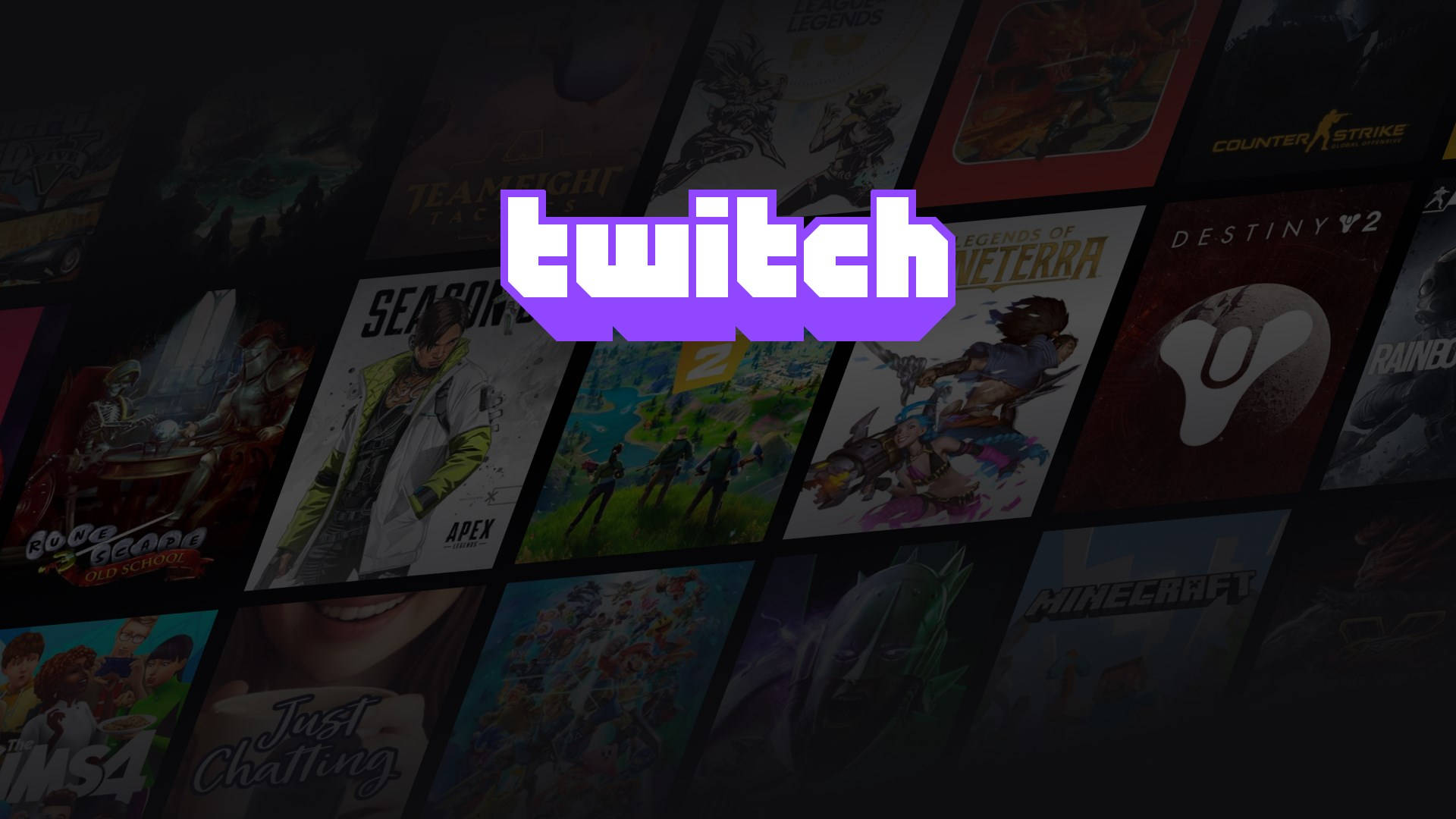 Twitch 桌布 壁紙 — Twitch 標誌以鮮豔紫色居中，置於包含 Apex Legends 和 Minecraft 的深色遊戲縮圖網格上方。