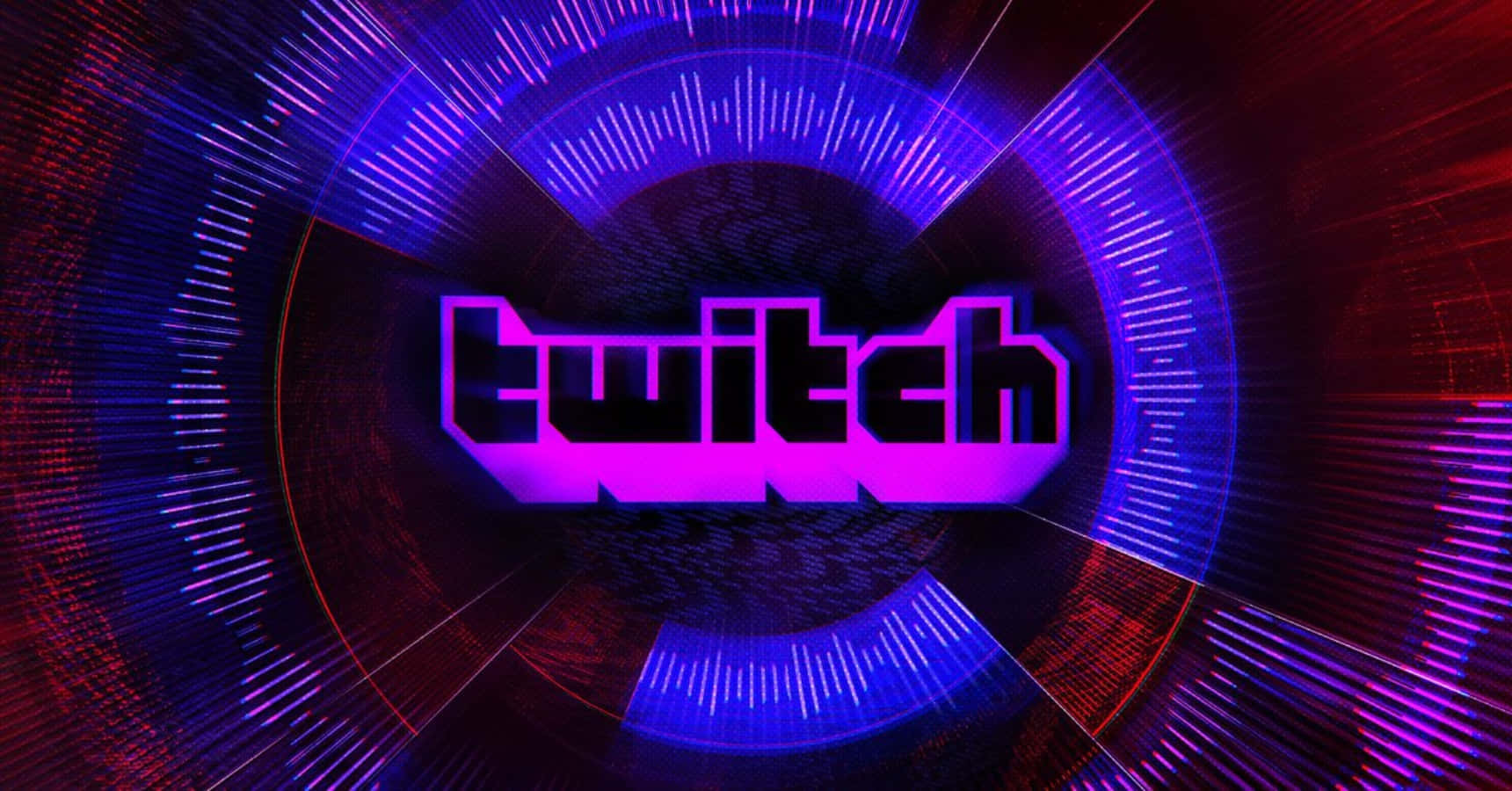 Twitch 桌布 壁紙 — Twitch 標誌在充滿動感的數位隧道中，以鮮豔的紫色和藍色霓虹燈閃耀，並伴隨著放射狀的光線條紋。