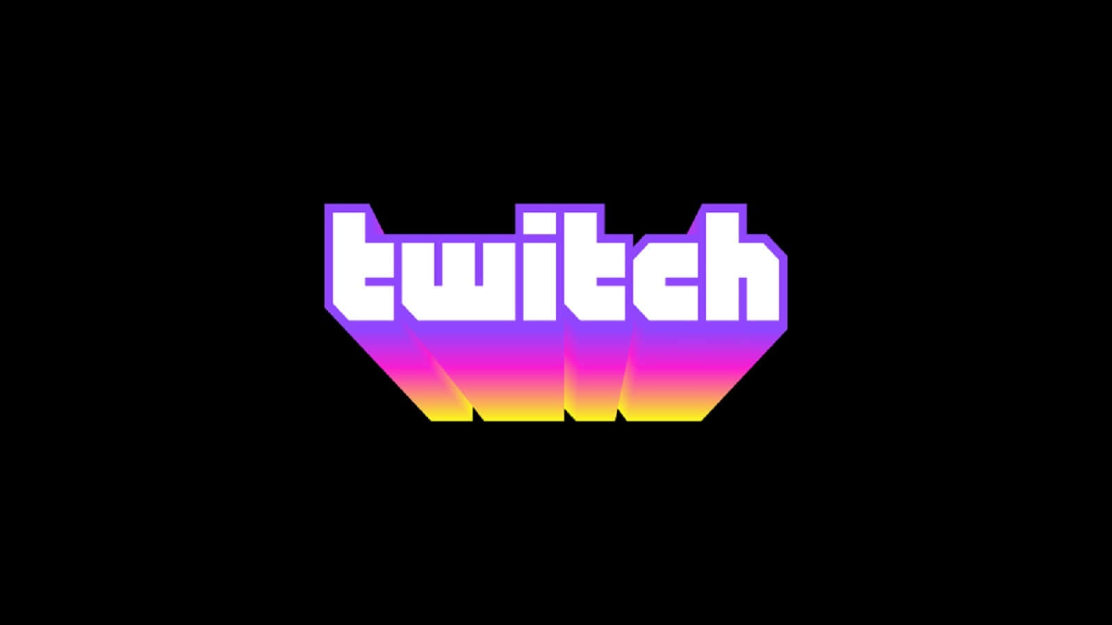 Twitch 桌布 壁紙 — Twitch 標誌在純黑背景上散發出紫色、粉紅色和黃色的鮮豔漸變光芒。