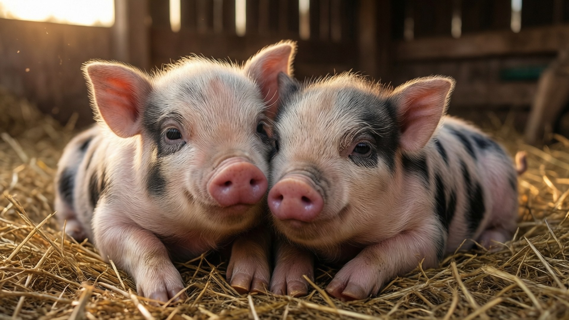 Snuggling Piglets 壁紙 — 兩隻可愛的斑點小豬在陽光照耀的穀倉裡，依偎在金黃色的乾草上，身後有木柵欄。