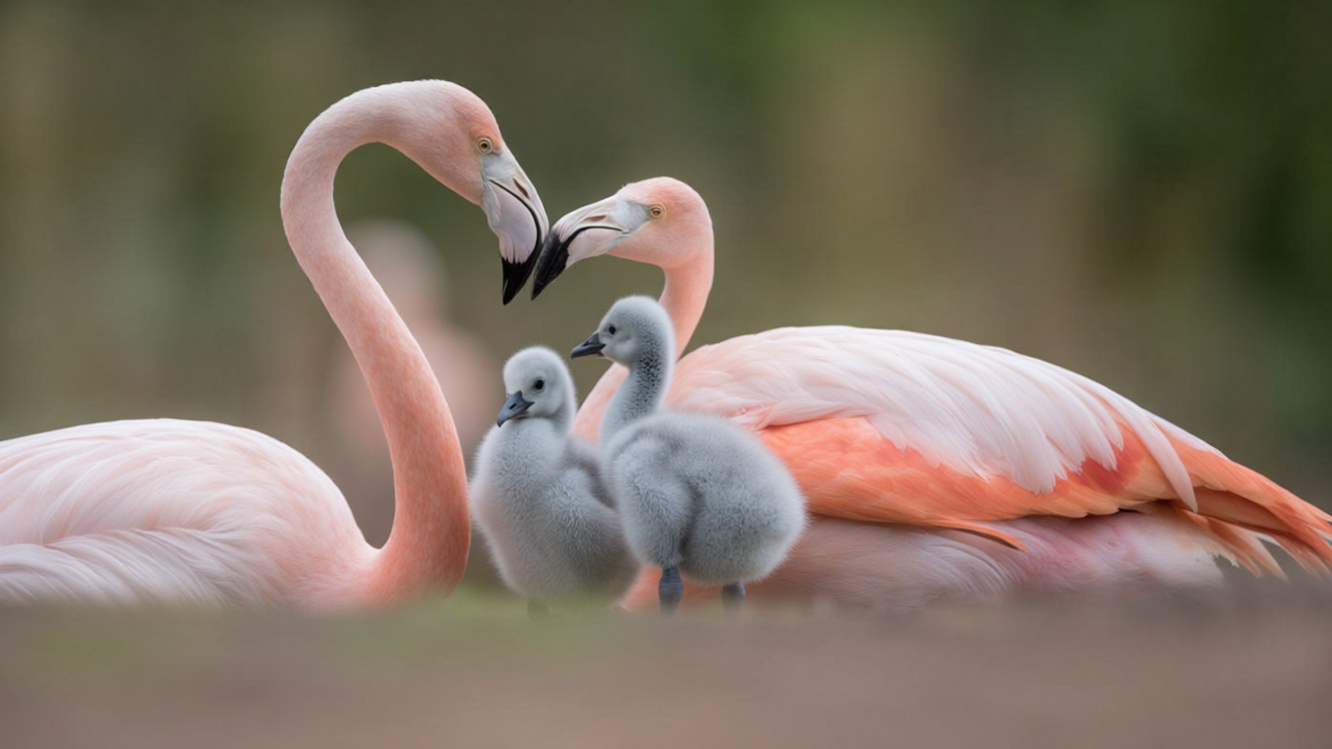 Flamingo Family Bonding 壁紙 — 兩隻成年粉紅火烈鳥輕輕摩擦喙部，而兩隻毛茸茸的灰色小雞站在旁邊，背景柔和。