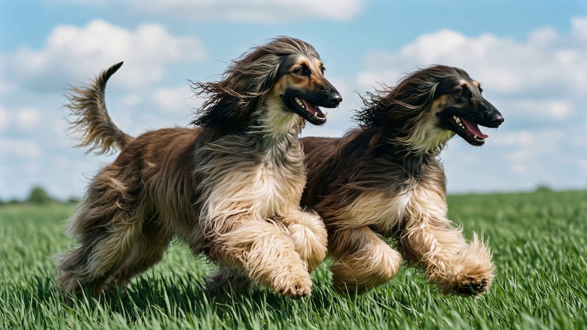 Afghan Hounds Running 壁紙 — 兩隻阿富汗獵犬披著飄逸的毛髮，在明亮的藍天下，點綴著蓬鬆的白雲，歡快地奔跑在充滿活力的綠色田野上。