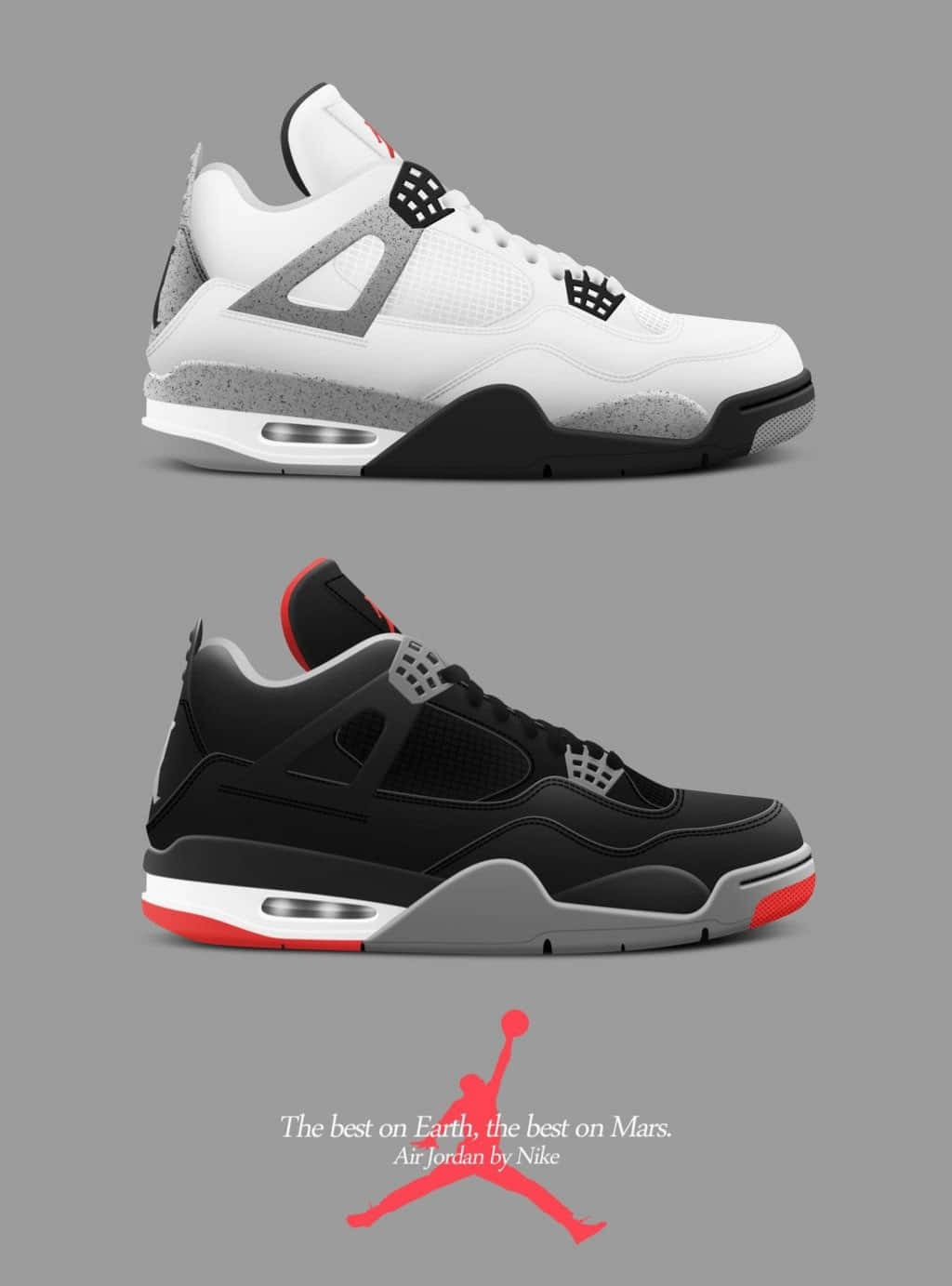 兩雙Air Jordan 4運動鞋，一雙白色灰色黑色，另一雙黑色紅色灰色，並排展示在灰色背景上。 — Jordan Logo 壁紙