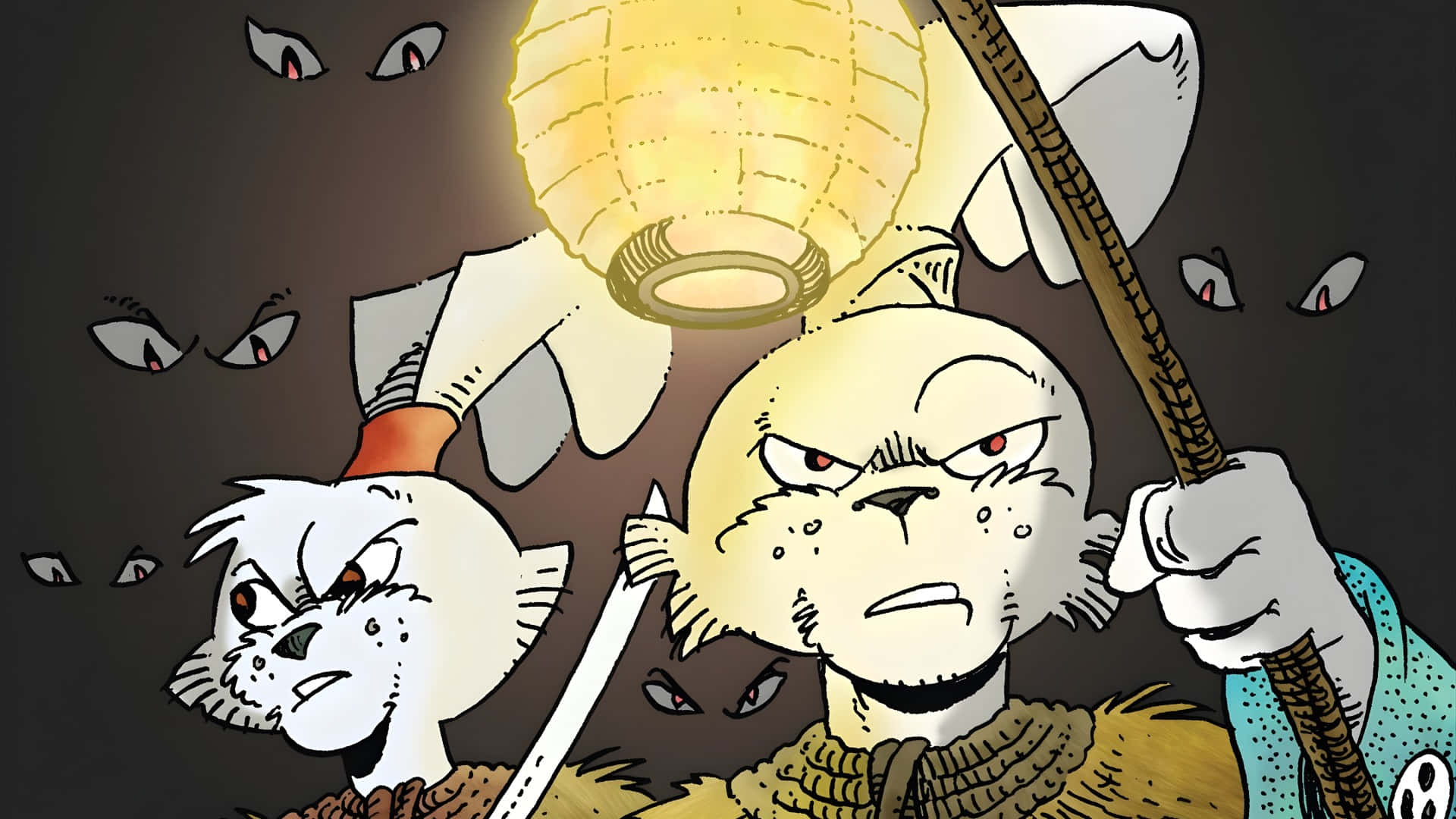  壁紙 — 兩隻憤怒的擬人化貓咪，眼睛發光並持有武器，站在燈籠下，陰影中的眼睛從黑暗中注視著。