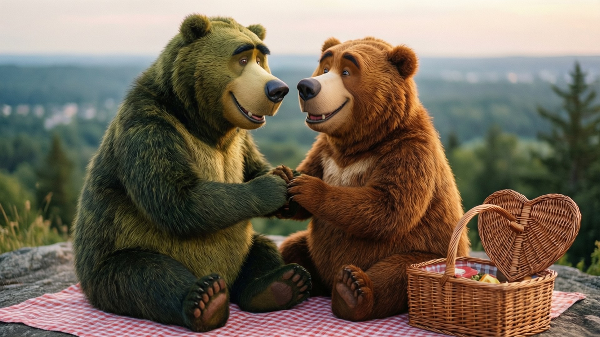 Bear Romance 壁紙 — 兩隻動畫熊坐在紅色格子毯上牽著手，旁邊有一個心形野餐籃，俯瞰日落時分的森林山谷。
