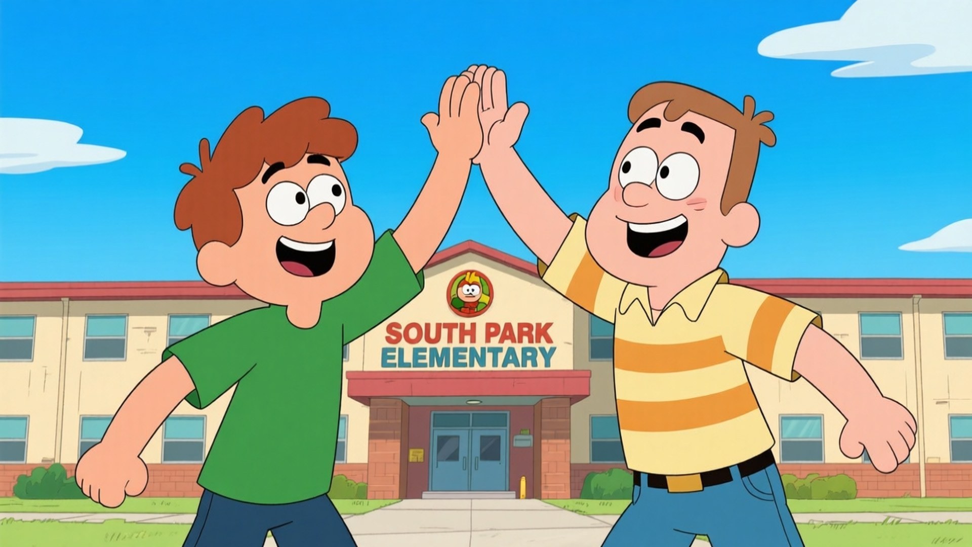 Best Friends High Five 壁紙 — 兩個動畫男孩在晴朗藍天白雲下的南方公園小學前擊掌。